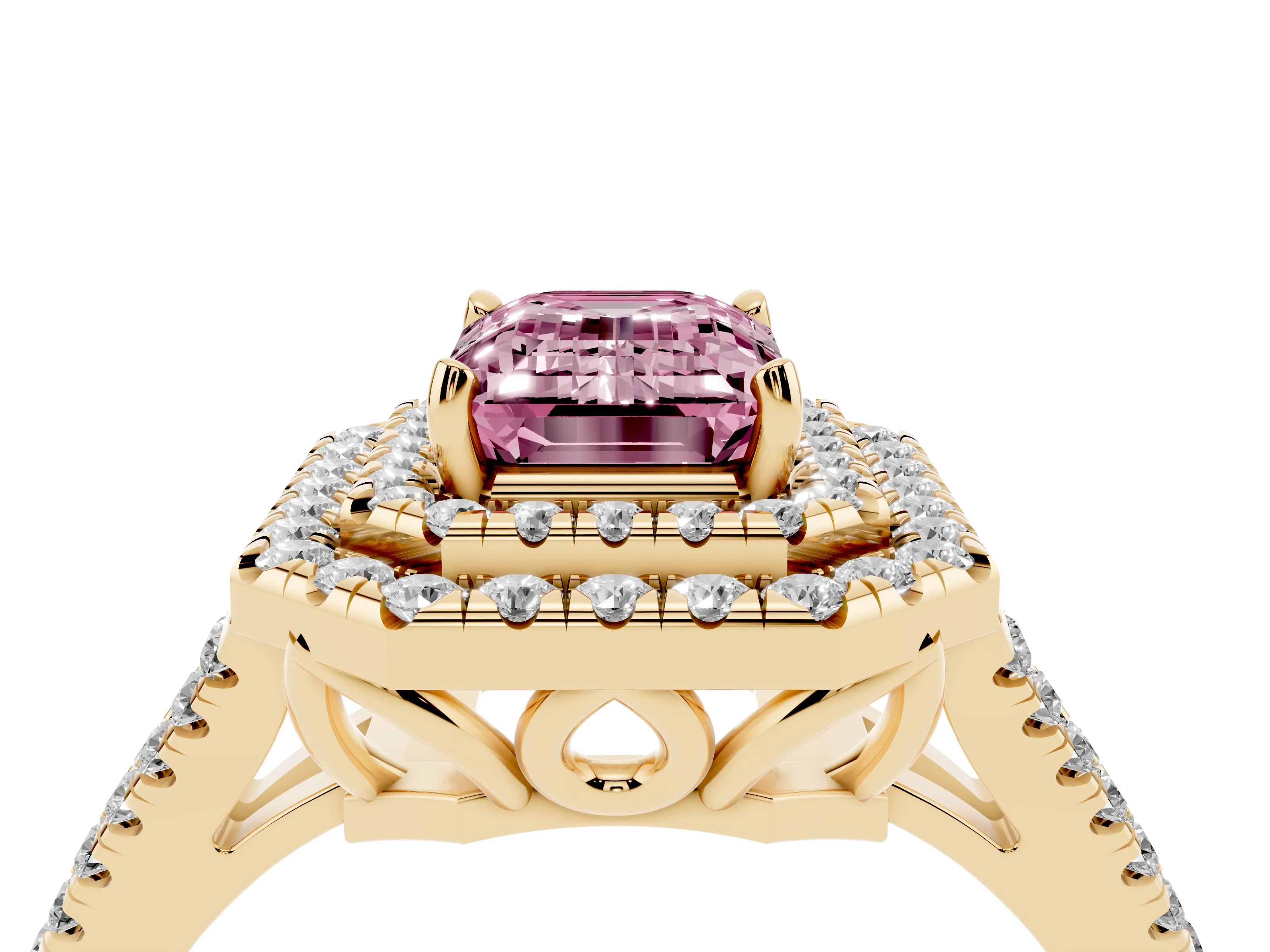 Fancy Pink Emerald Cut Diamond Double Halo Ring Set in Yellow gold with Pavé Band