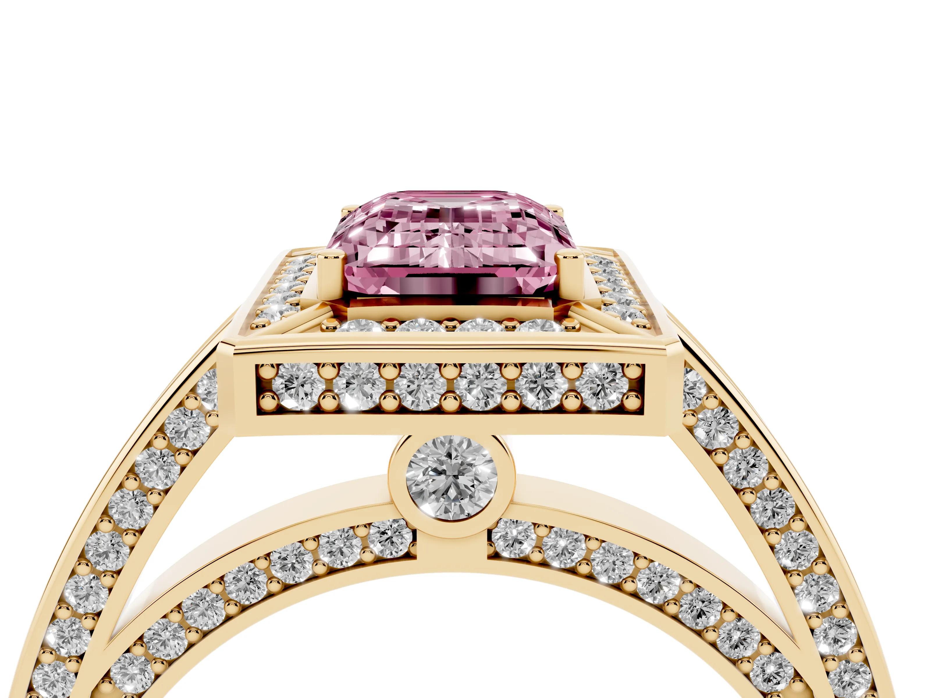 Fancy Pink Emerald Cut Diamond Halo Pavé Split Shank Ring Set in Yellow gold with Prong Setting