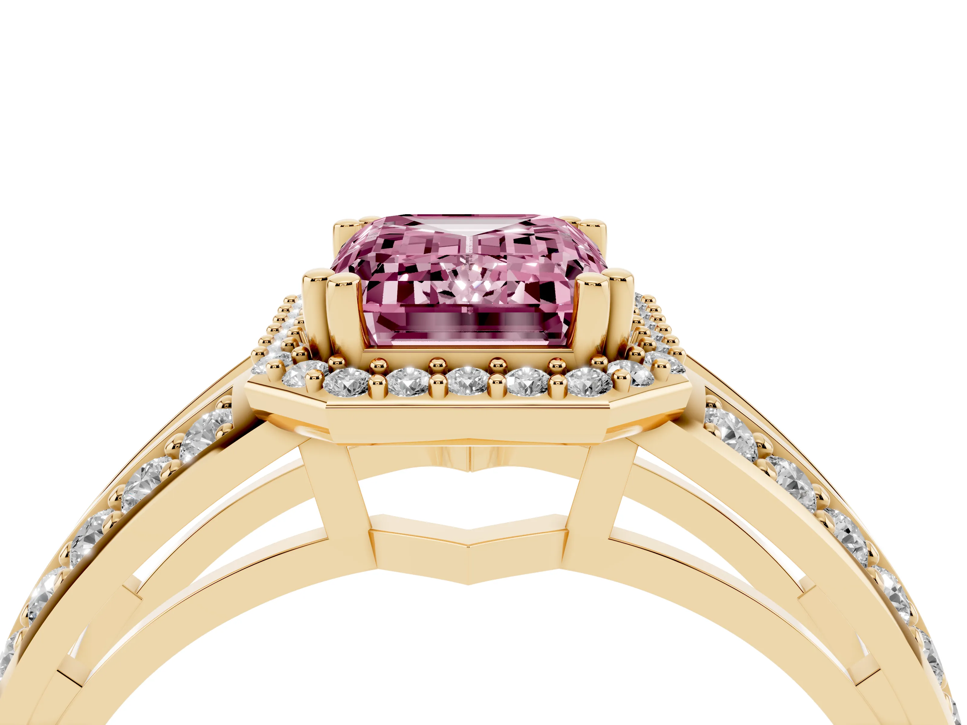 Fancy Pink Emerald Cut Diamond Halo Ring Set in Yellow gold with Double Pavé Split Shank