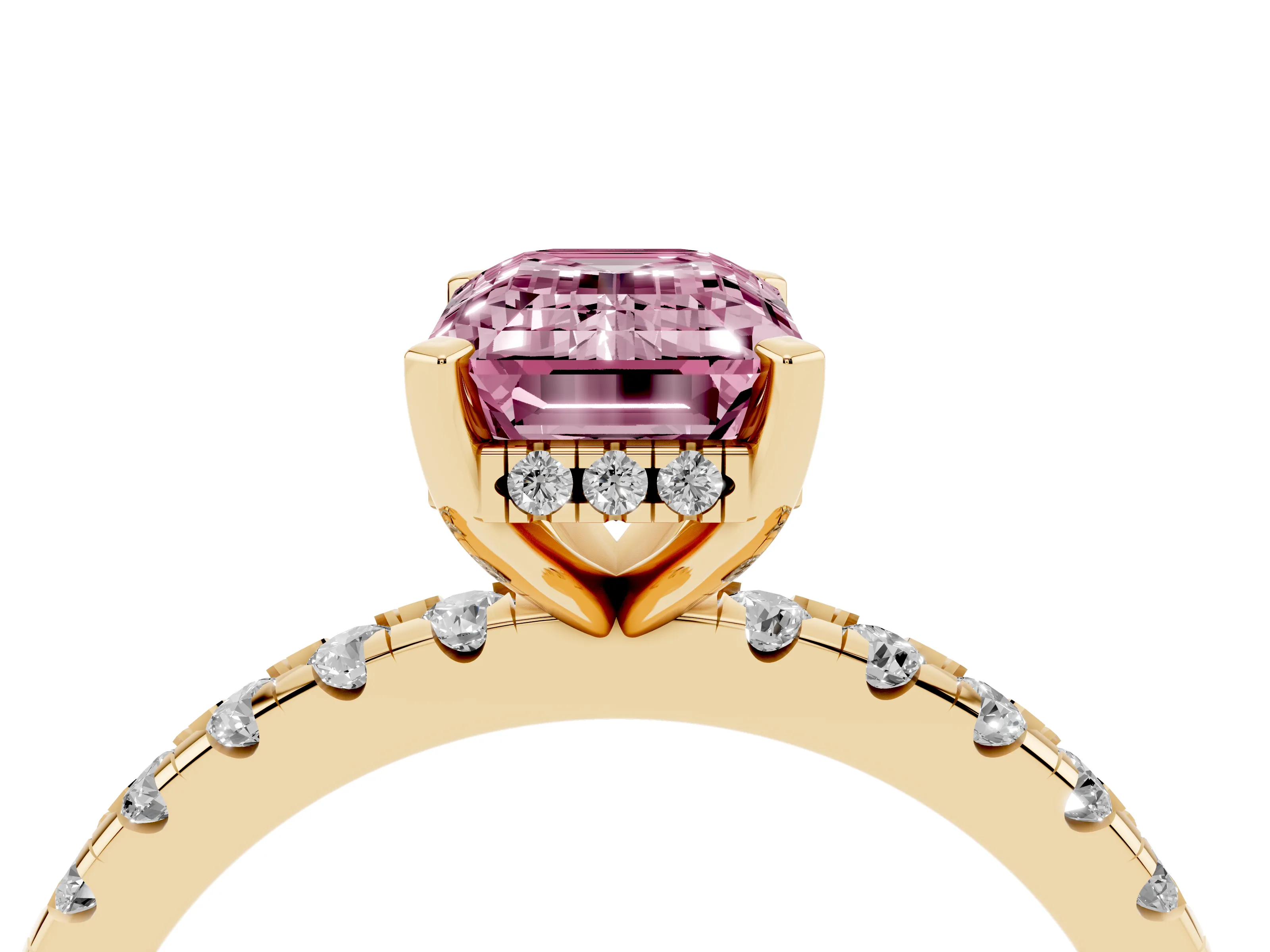 Fancy Pink Emerald Cut Diamond Pavé Solitaire Ring Set in Yellow gold with Round Band Accents and Prong Setting