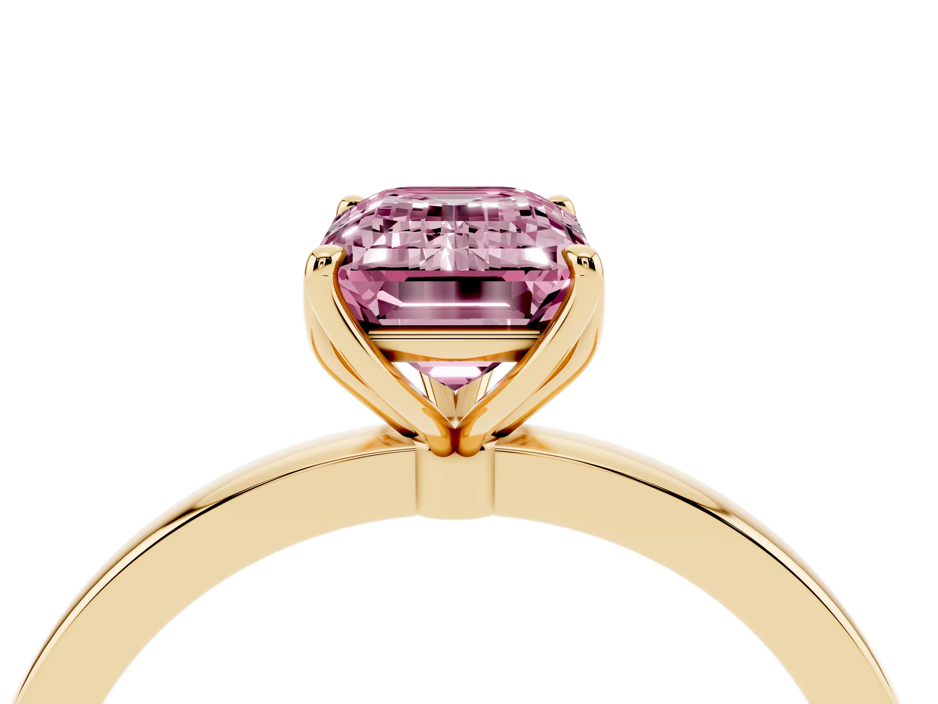 Fancy Pink Emerald Cut Diamond Solitaire Ring Set in Yellow gold with Prong Setting and Thin Polished Band
