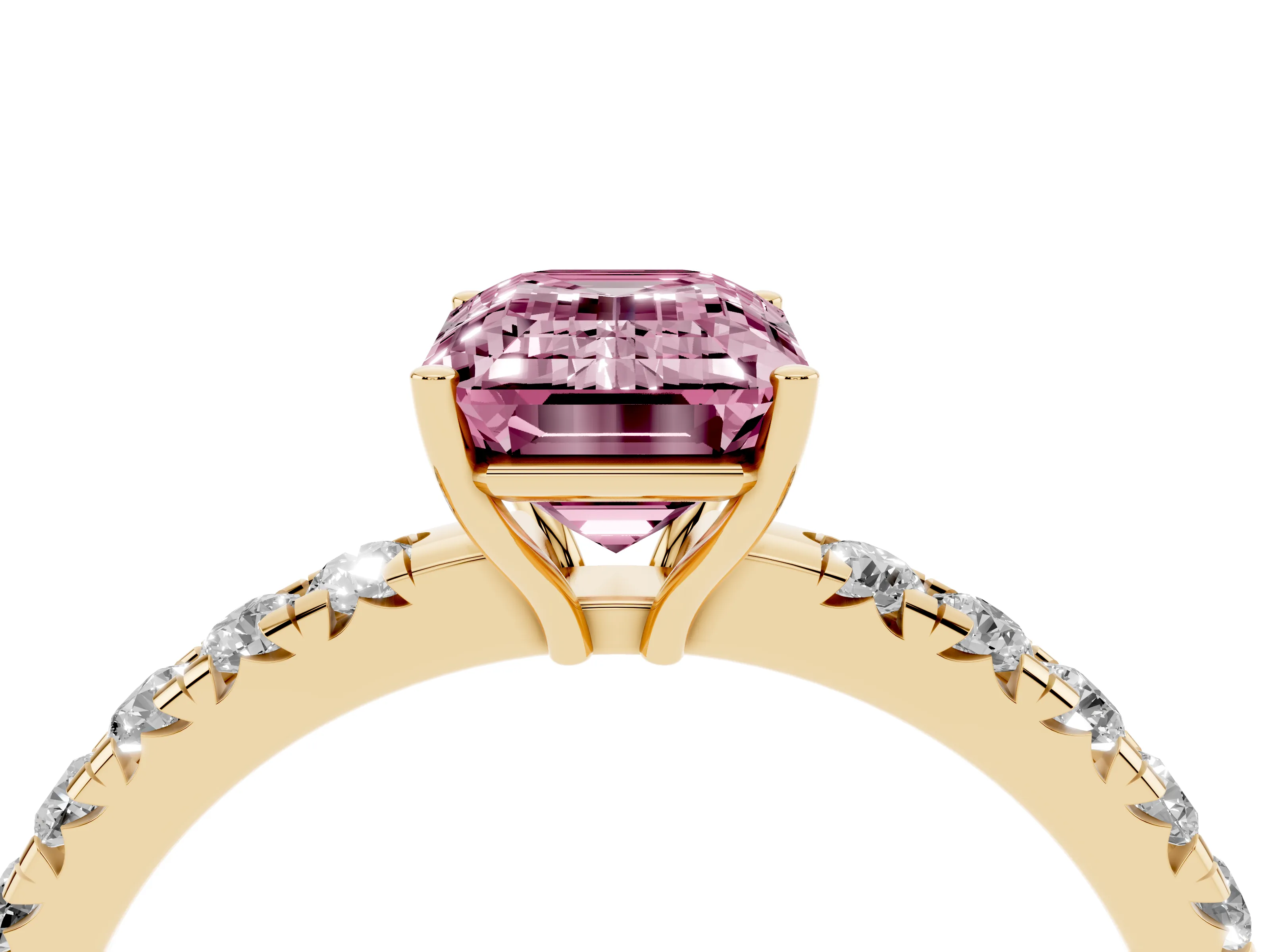 Fancy Pink Emerald Cut Diamond Pavé Solitaire Engagement Ring Set in Yellow gold with Prong Setting