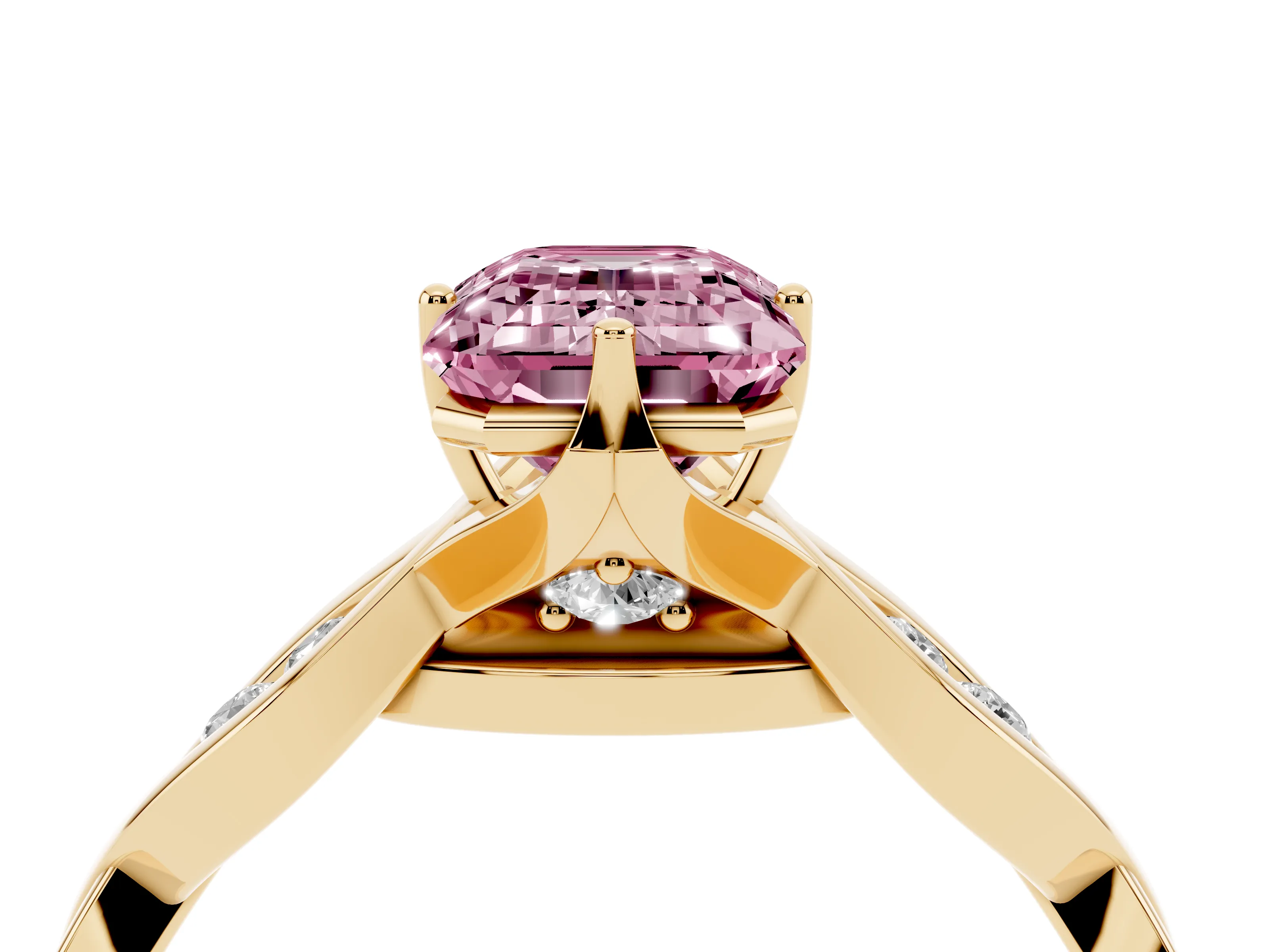 Fancy Pink Emerald Cut Diamond Twist Band Solitaire Ring Set in Yellow gold with Leaf Prong Setting and Accent Stones