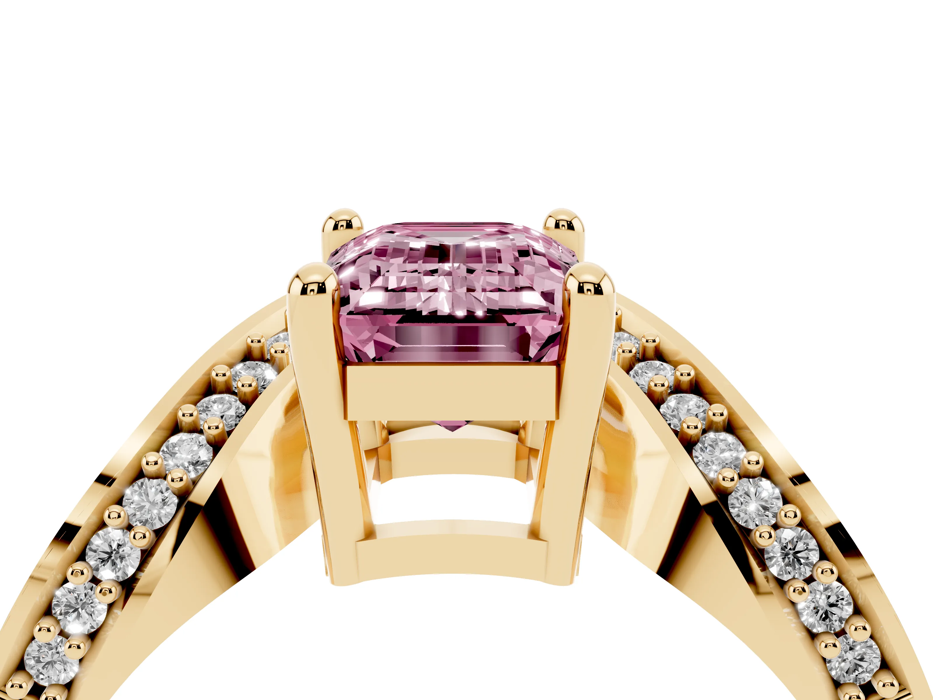 Fancy Pink Emerald Cut Diamond Solitaire Engagement Ring Set in Yellow gold with Pavé Shoulders