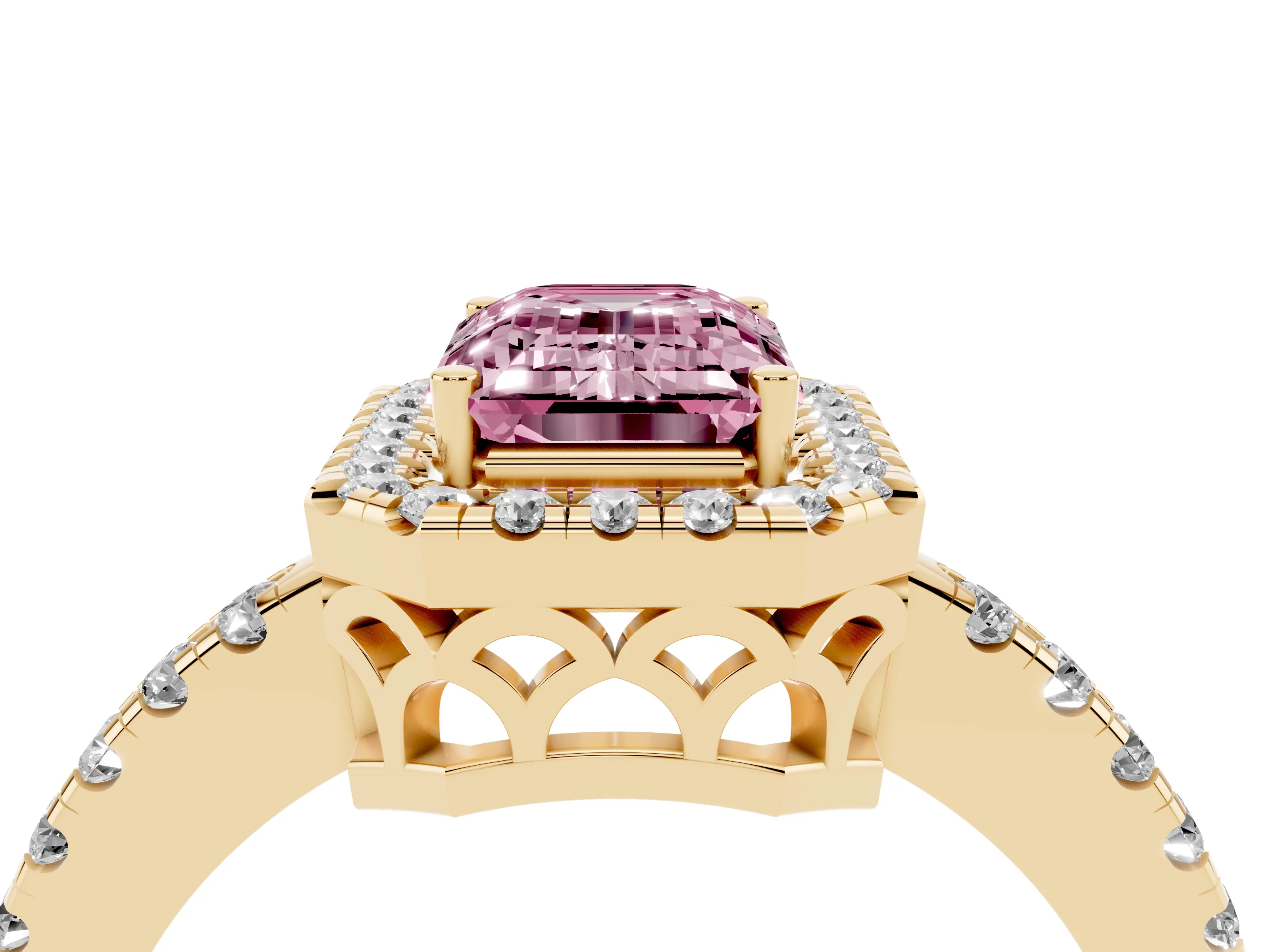 Fancy Pink Emerald Cut Diamond Pavé Band Halo Engagement Ring Set in Yellow gold with Prong Setting
