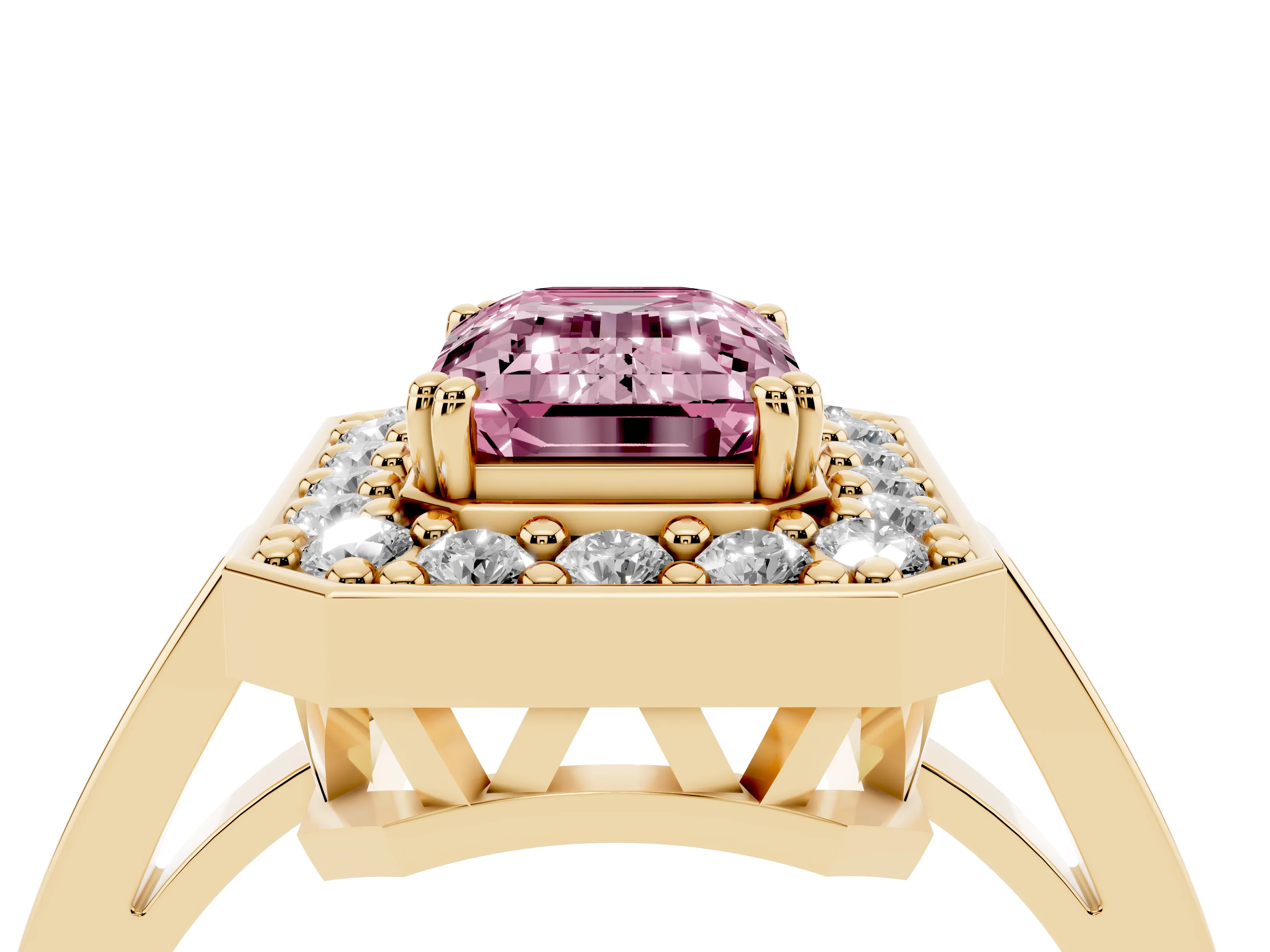Fancy Pink Emerald Cut Diamond Halo Ring Set in Yellow gold with Accent-Lined Split Shank and Prong Setting