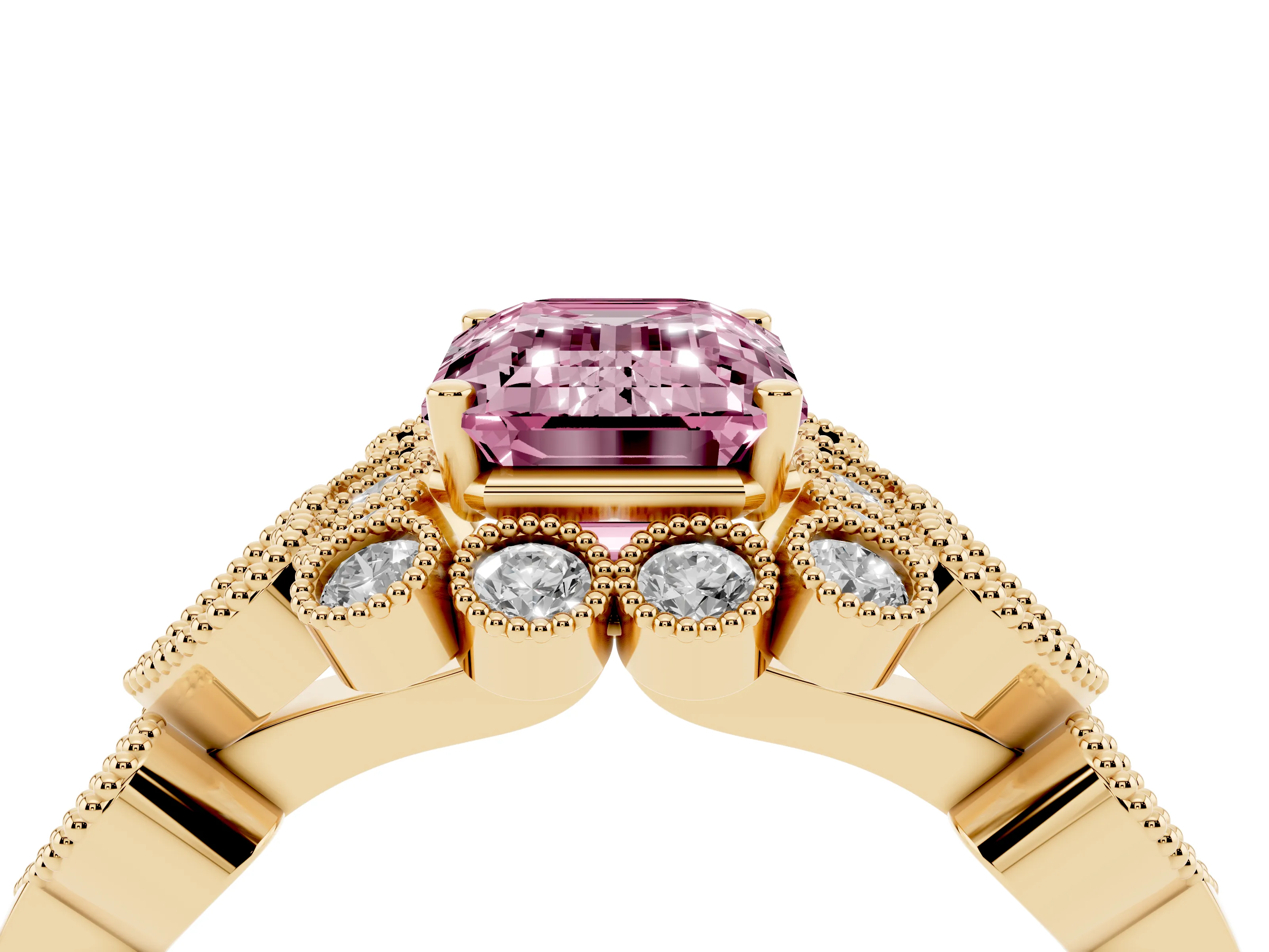 Fancy Pink Emerald Cut Diamond Solitaire Ring Set in Yellow gold with Milgrain Pavé Heart Band