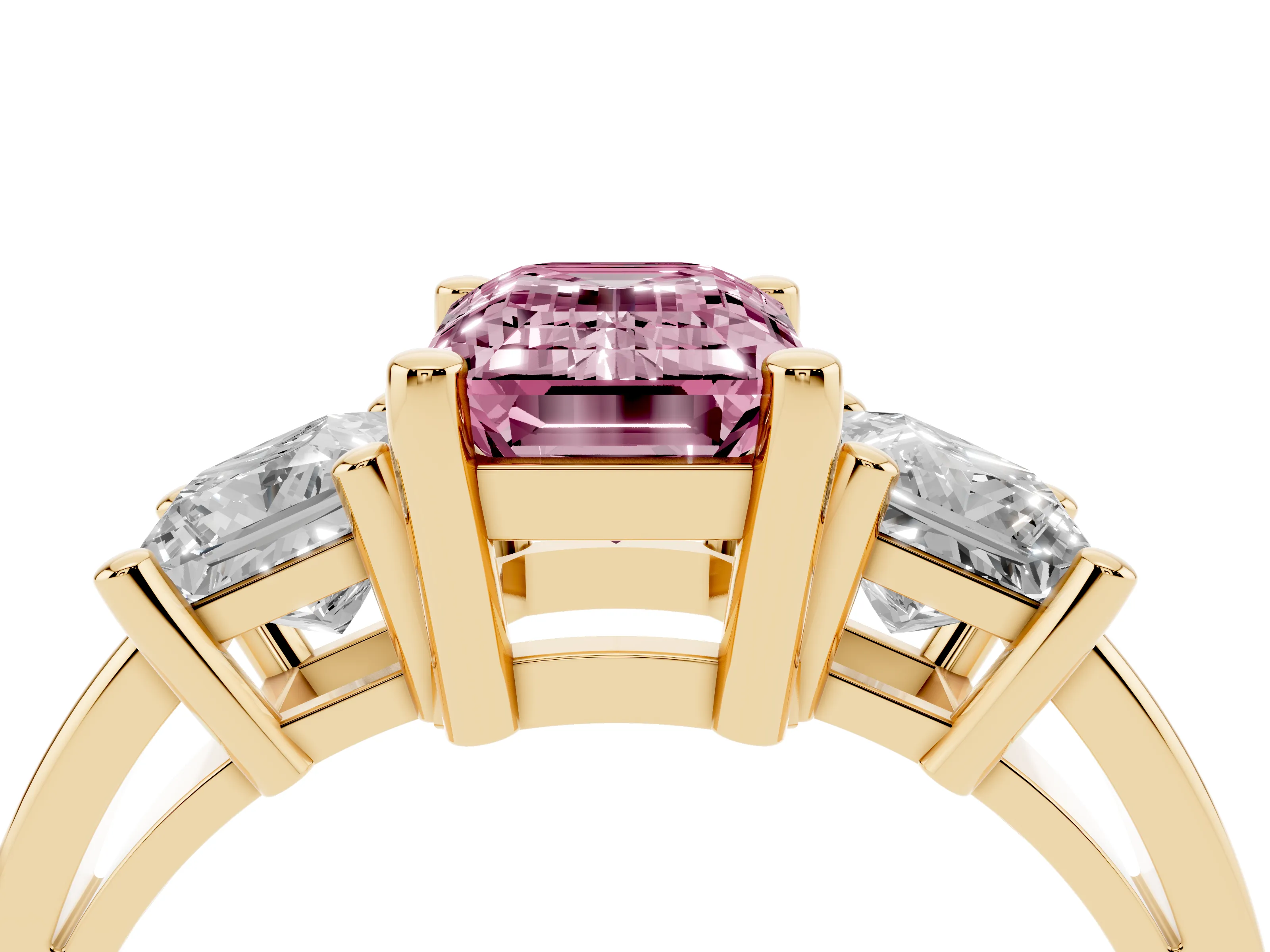 Fancy Pink Three-Stone Emerald Cut Diamond Solitaire Ring Set in Yellow gold with Prong Setting
