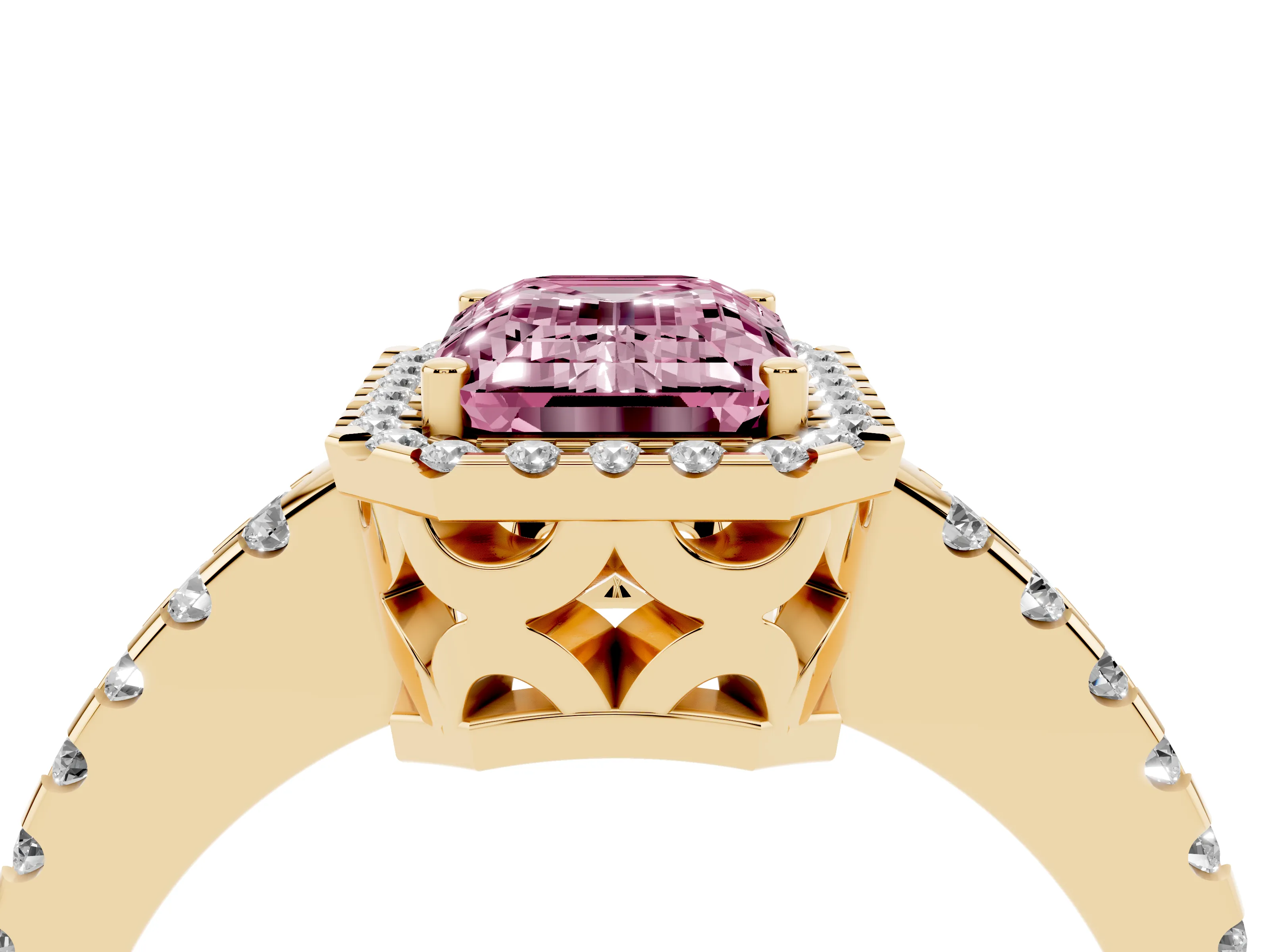 Fancy Pink Emerald Cut Diamond Halo Ring Set in Yellow gold with Pavé Shoulders and Halo-Framed Center