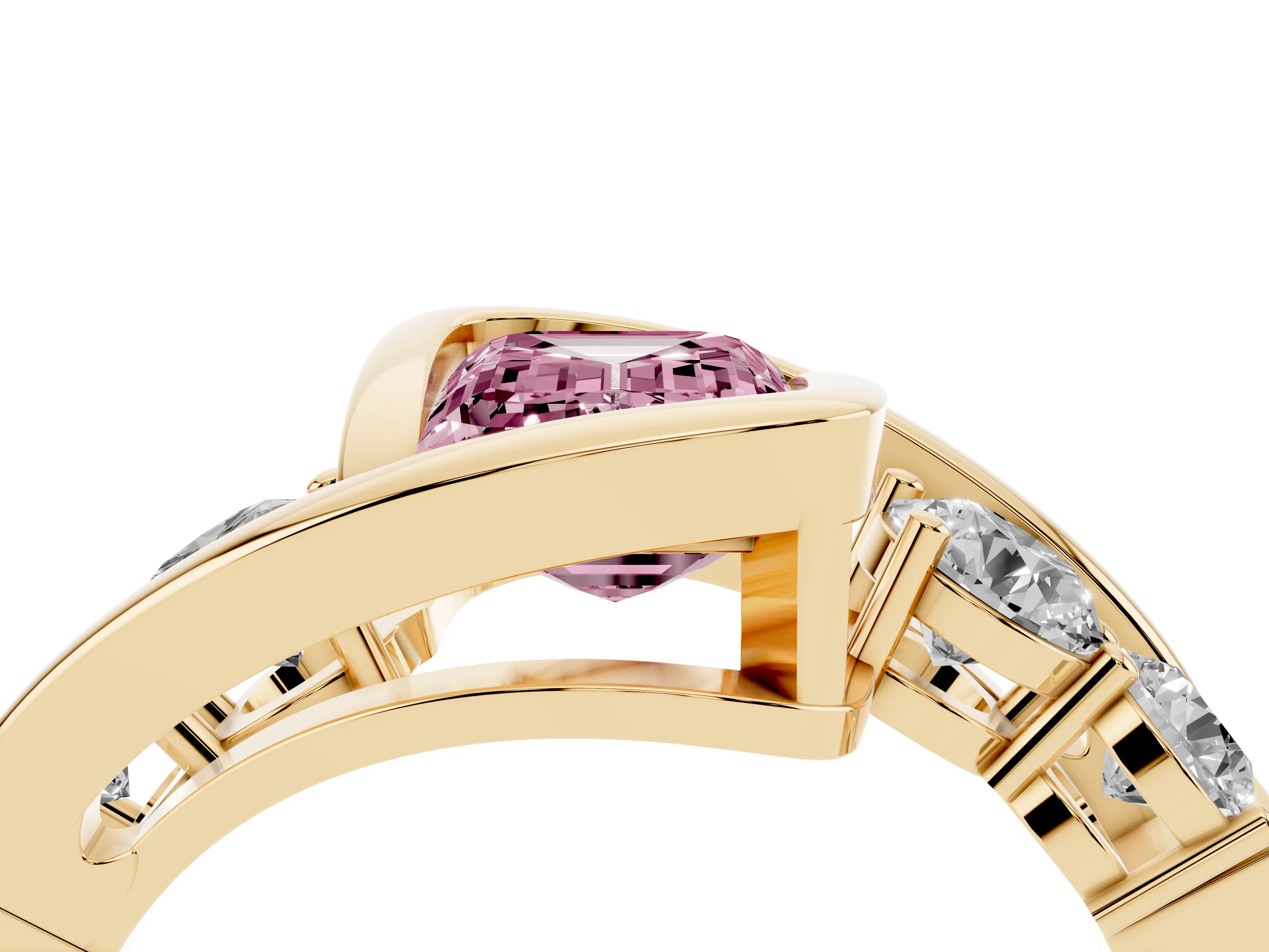 Fancy Pink Emerald Cut Diamond Bezel Bypass Ring Set in Yellow gold with Round Accents