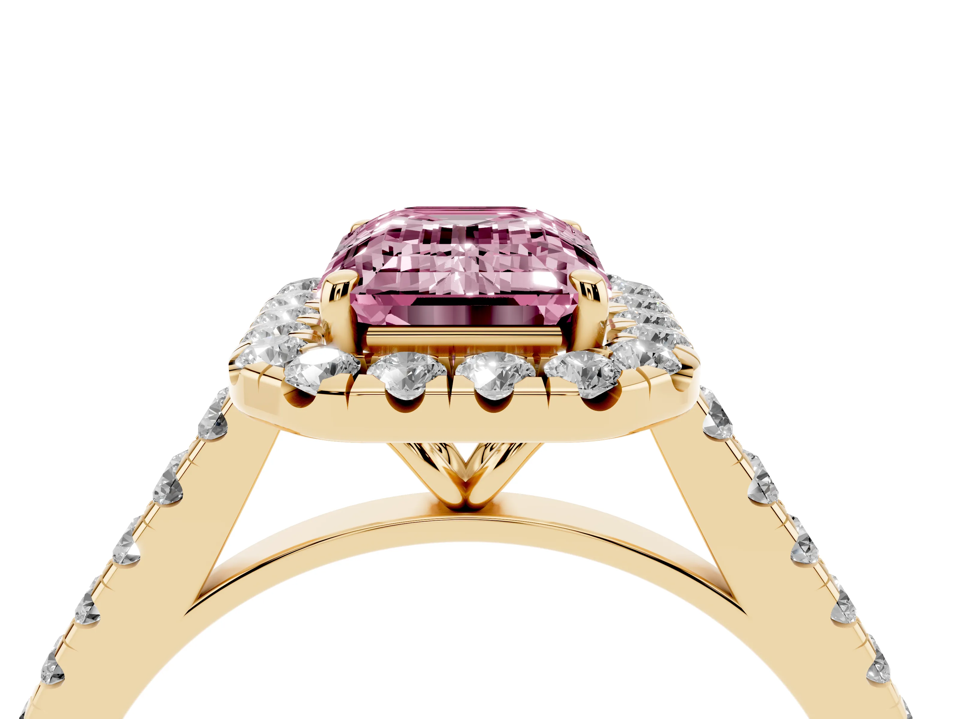 Fancy Pink Emerald Cut Diamond Halo Pavé Engagement Ring Set in Yellow gold with Prong Setting
