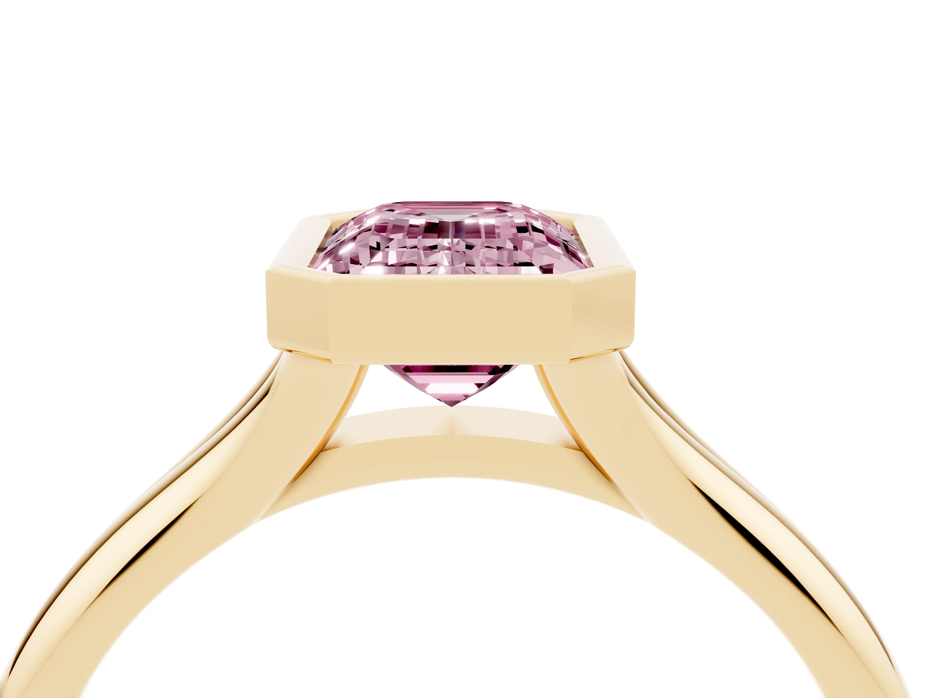 Fancy Pink Bezel Set Emerald Cut Diamond Solitaire Ring Set in Yellow gold with Smooth Band