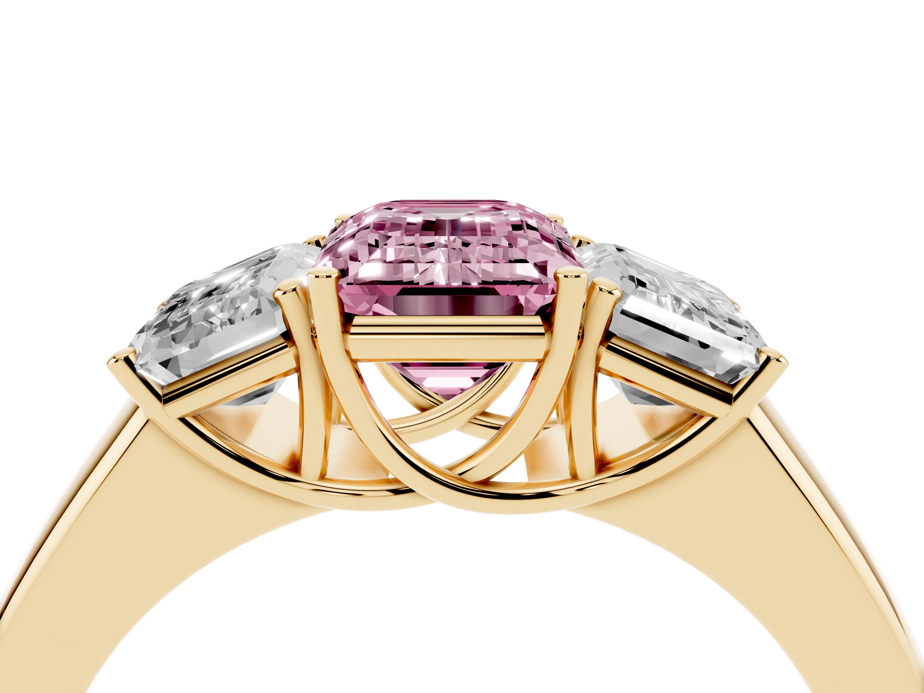 Fancy Pink Three-Stone Emerald Cut Diamond Ring Set in Yellow gold with Matching Prong Settings and Plain Band