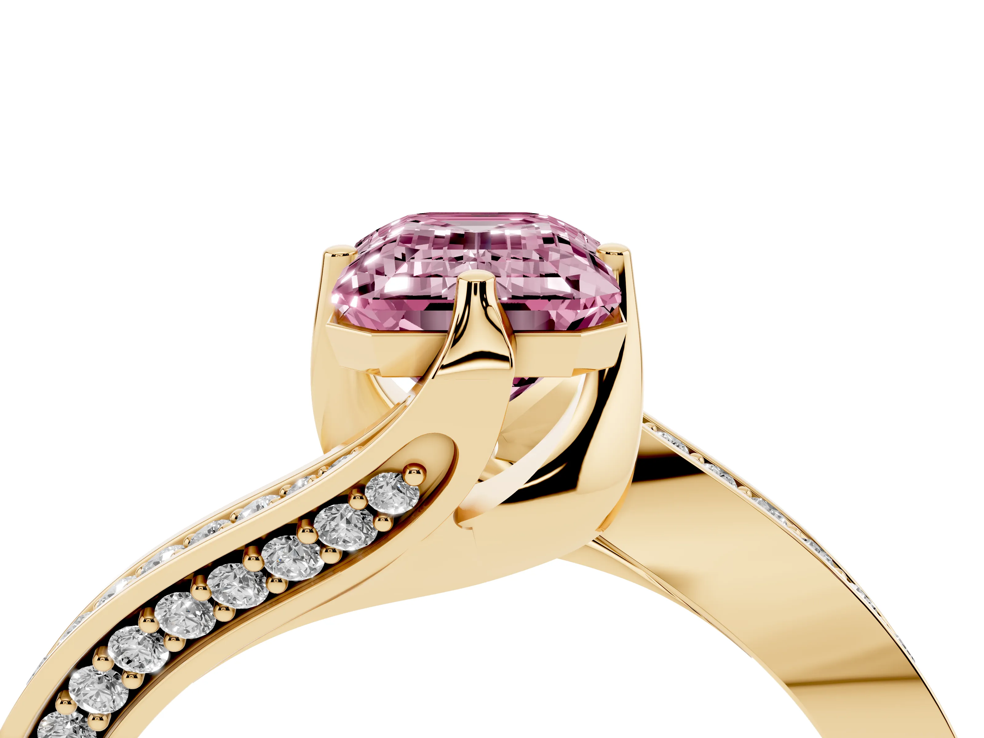 Fancy Pink Emerald Cut Diamond Solitaire Ring Set in Yellow gold with Intertwined Pavé Twist Band