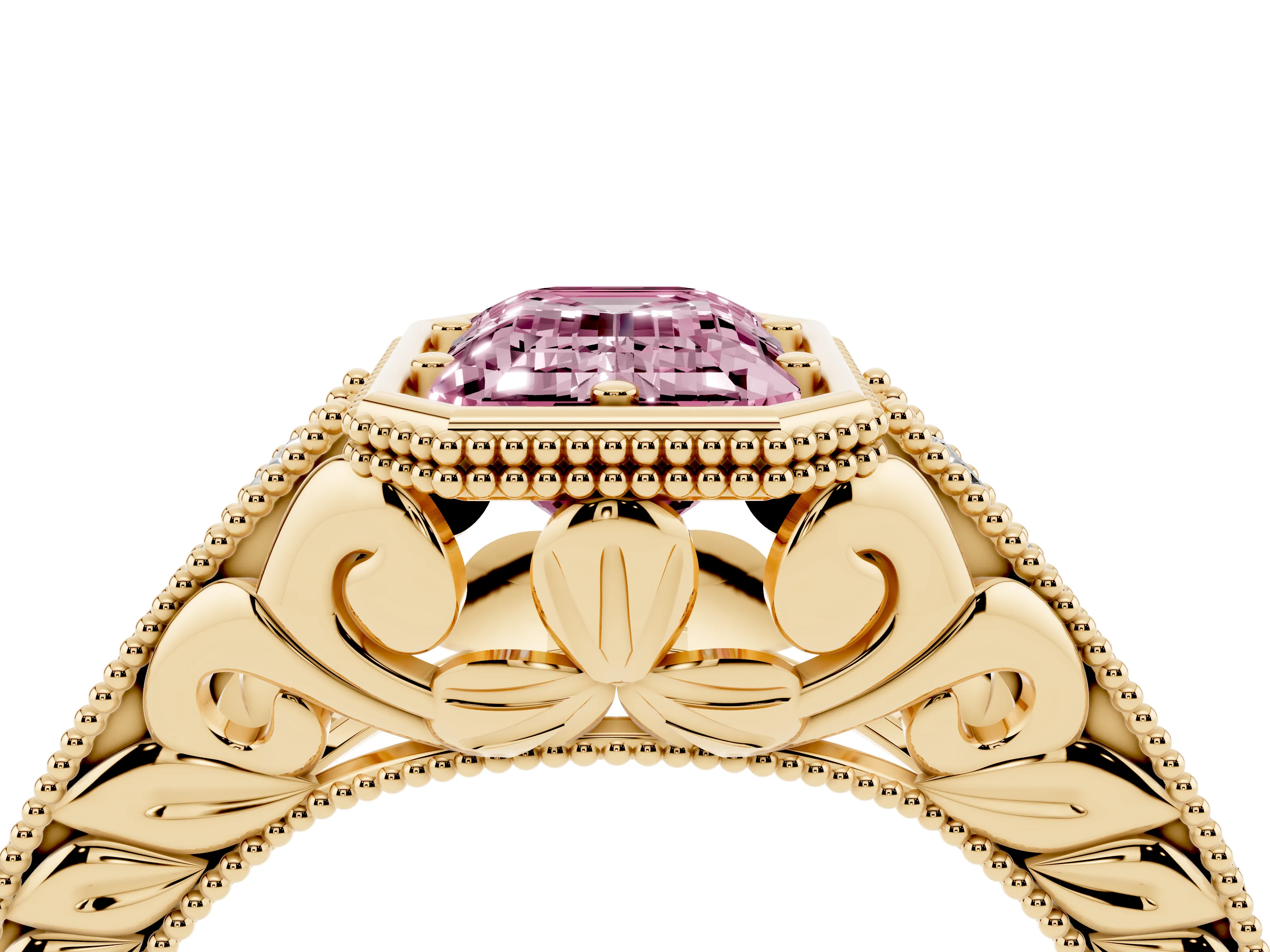 Fancy Pink Bezel Set Emerald Cut Diamond Milgrain Pavé Engagement Ring Set in Yellow gold