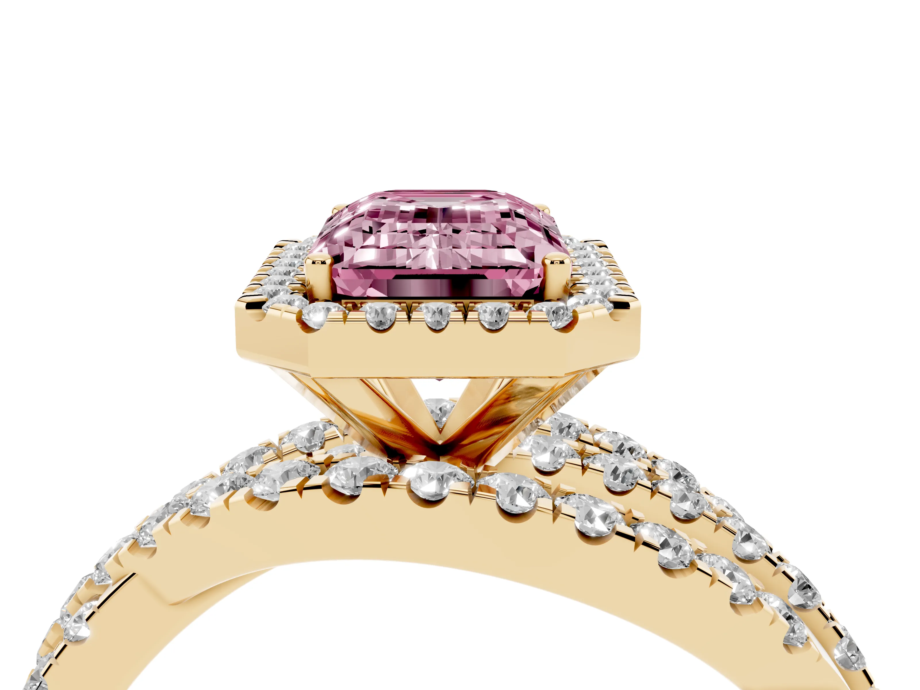 Fancy Pink Emerald Cut Diamond Halo Ring Set in Yellow gold with Round Crossover Split Shank and Prong Setting