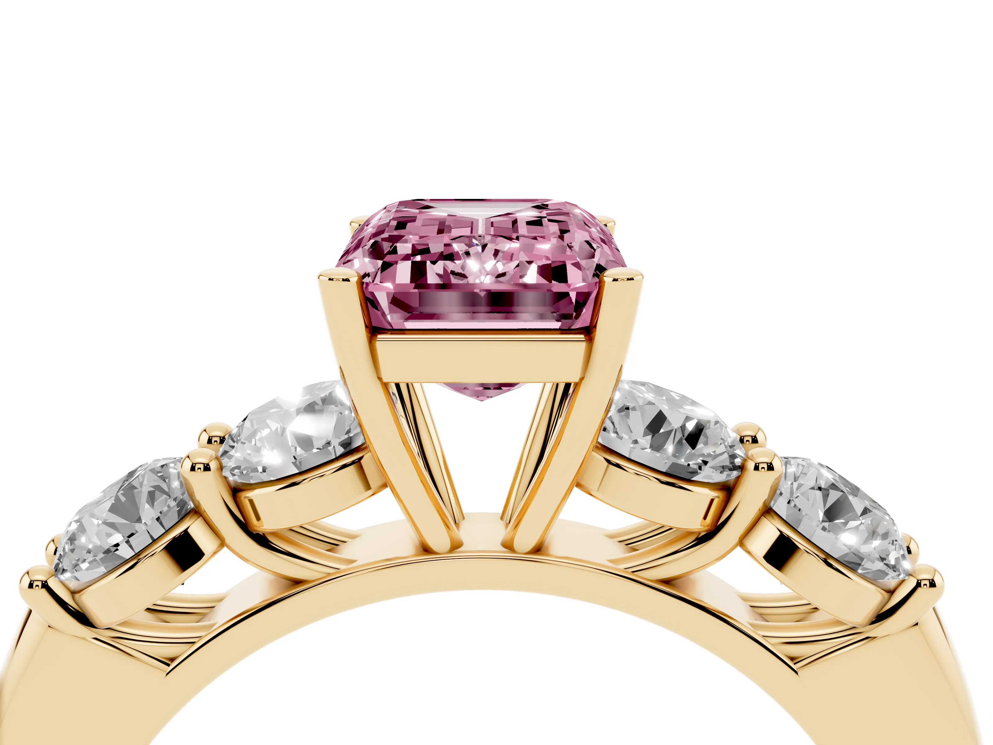 Fancy Pink Emerald Cut Diamond Five-Stone Prong Set Ring Set in Yellow gold with Classic Band
