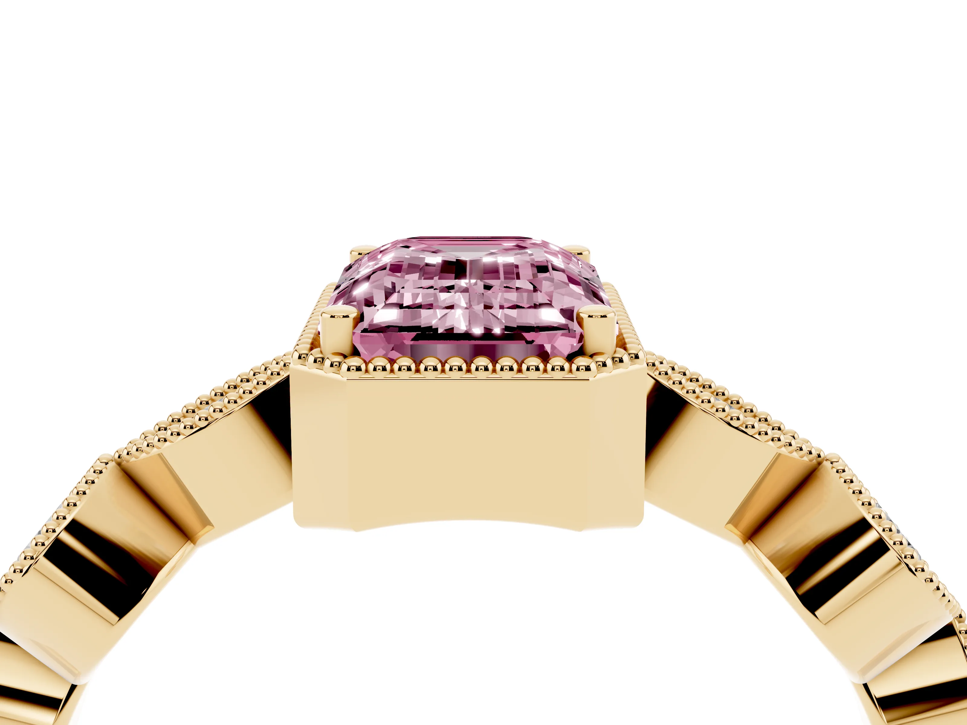 Fancy Pink Emerald Cut Diamond Vintage-Inspired Milgrain Ring Set in Yellow gold with Marquise Stations of Round Accents