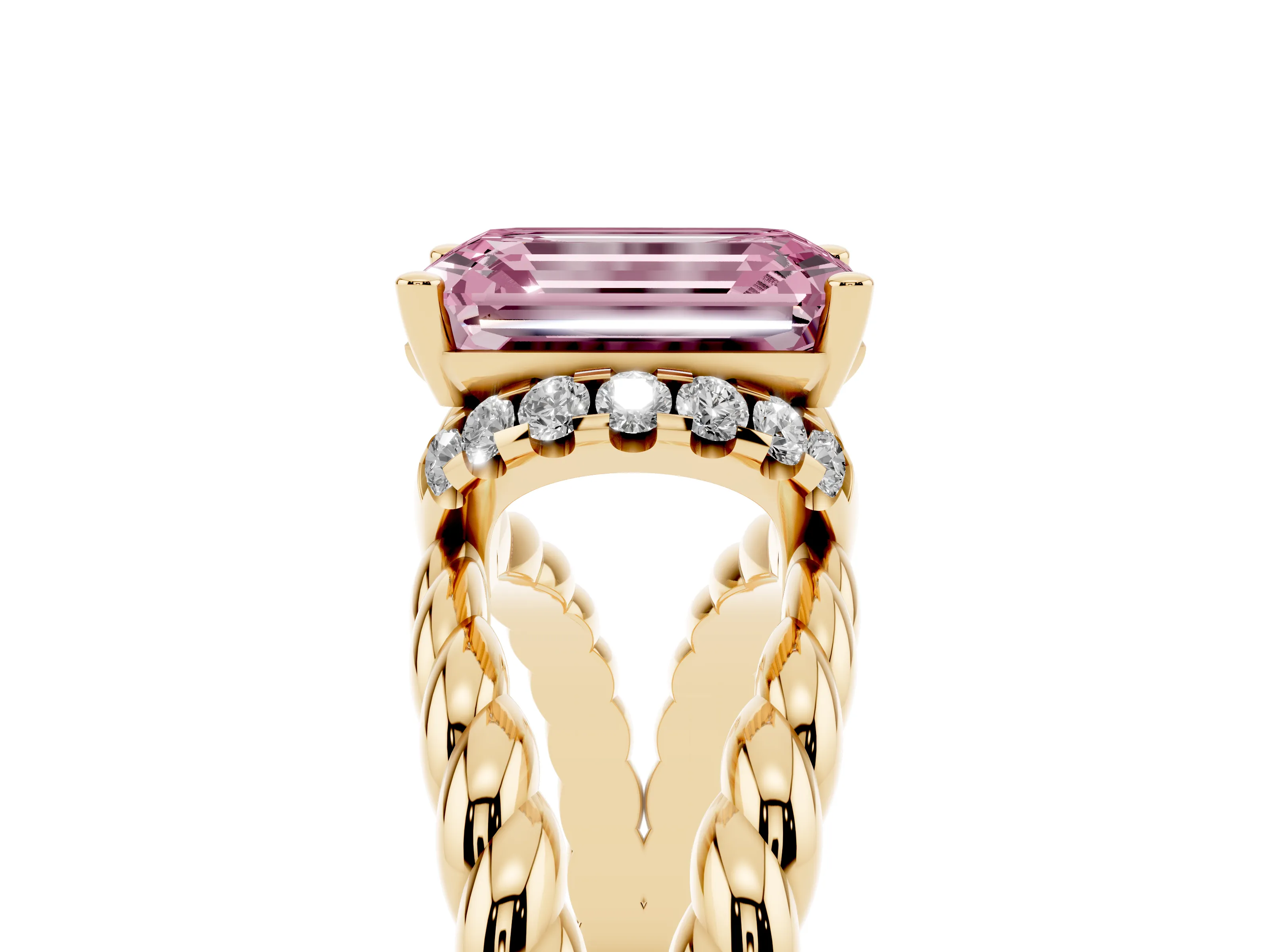 Fancy Pink Emerald Cut Diamond Halo Ring Set in Yellow gold with Twisted Band and Prong Setting