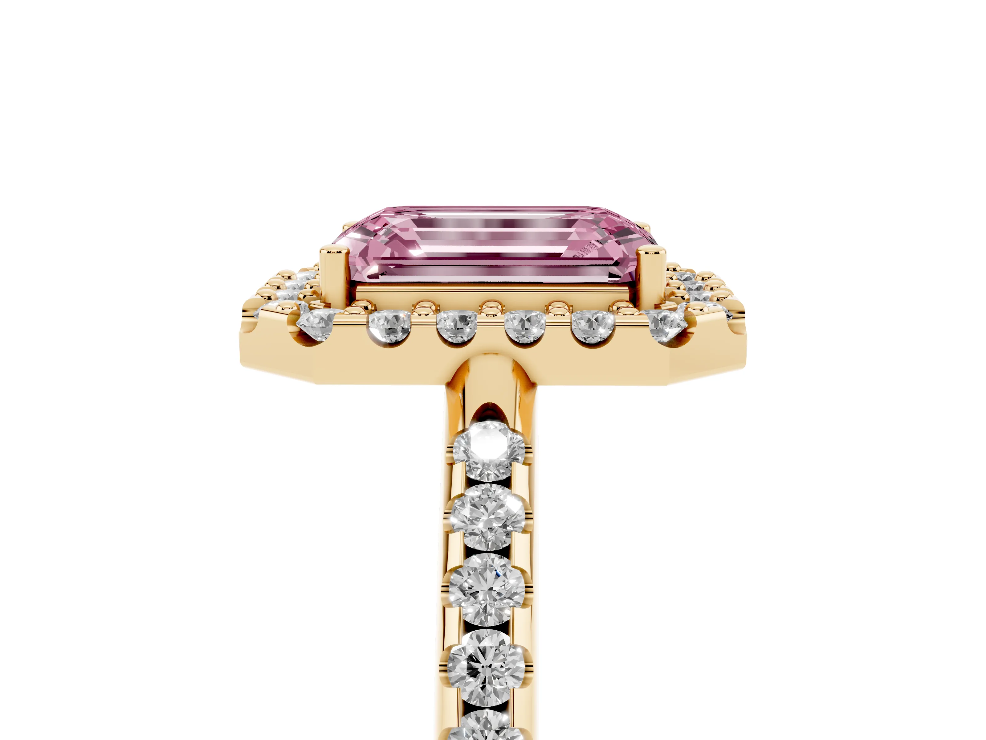 Fancy Pink Emerald Cut Diamond Pavé Halo Ring Set in Yellow gold with Prong Setting