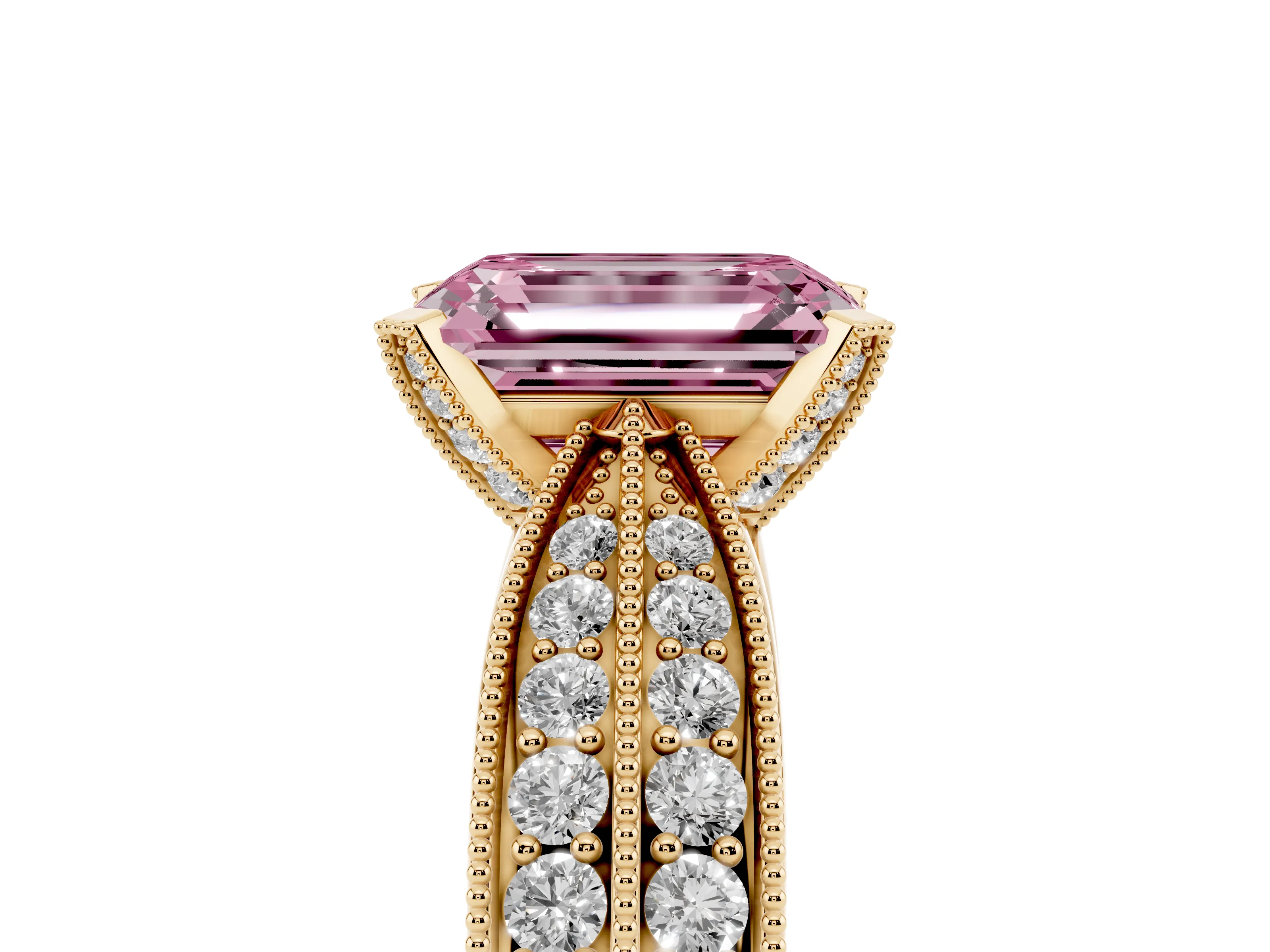 Fancy Pink Emerald Cut Diamond Solitaire Ring Set in Yellow gold with Milgrain Double Row Round Pavé Band