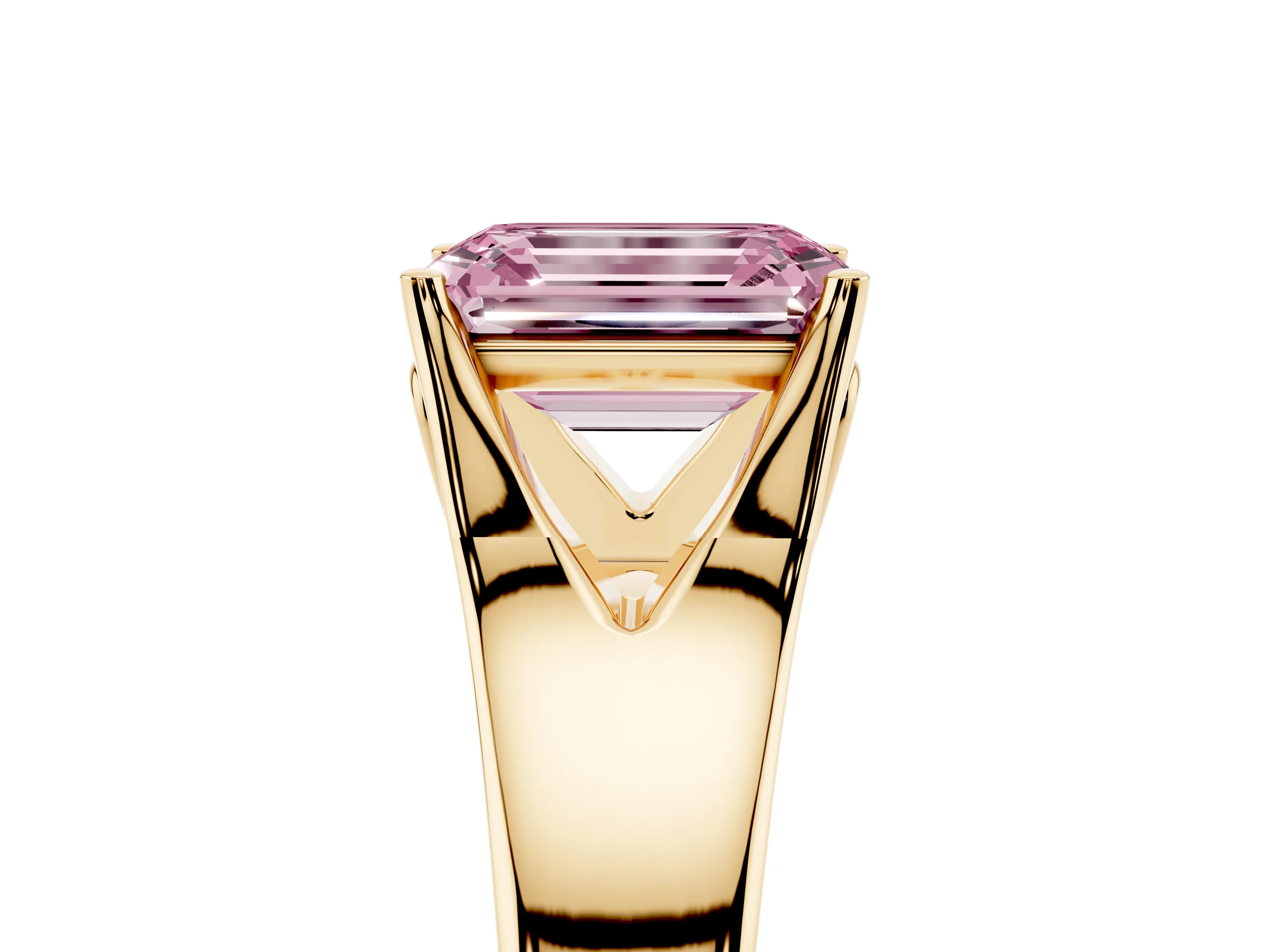 Fancy Pink Emerald Cut Diamond Solitaire Ring Set in Yellow gold with Arched Cathedral Band and Prong Setting