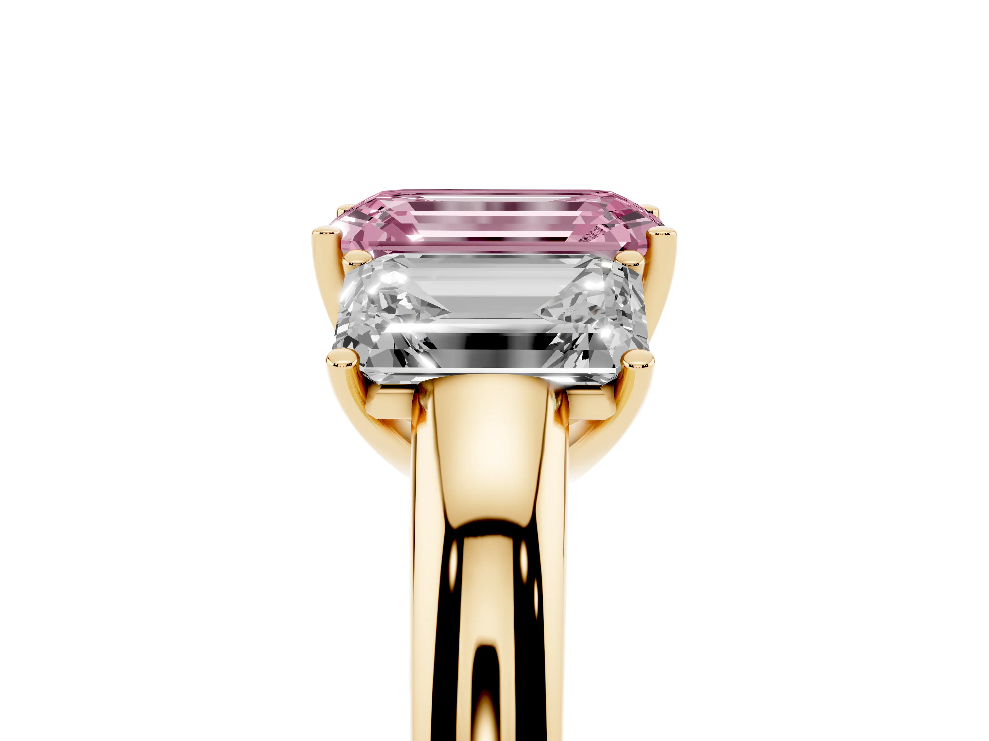 Fancy Pink Emerald Cut Diamond Three-Stone Ring Set in Yellow gold with Bold Center and Classic Band