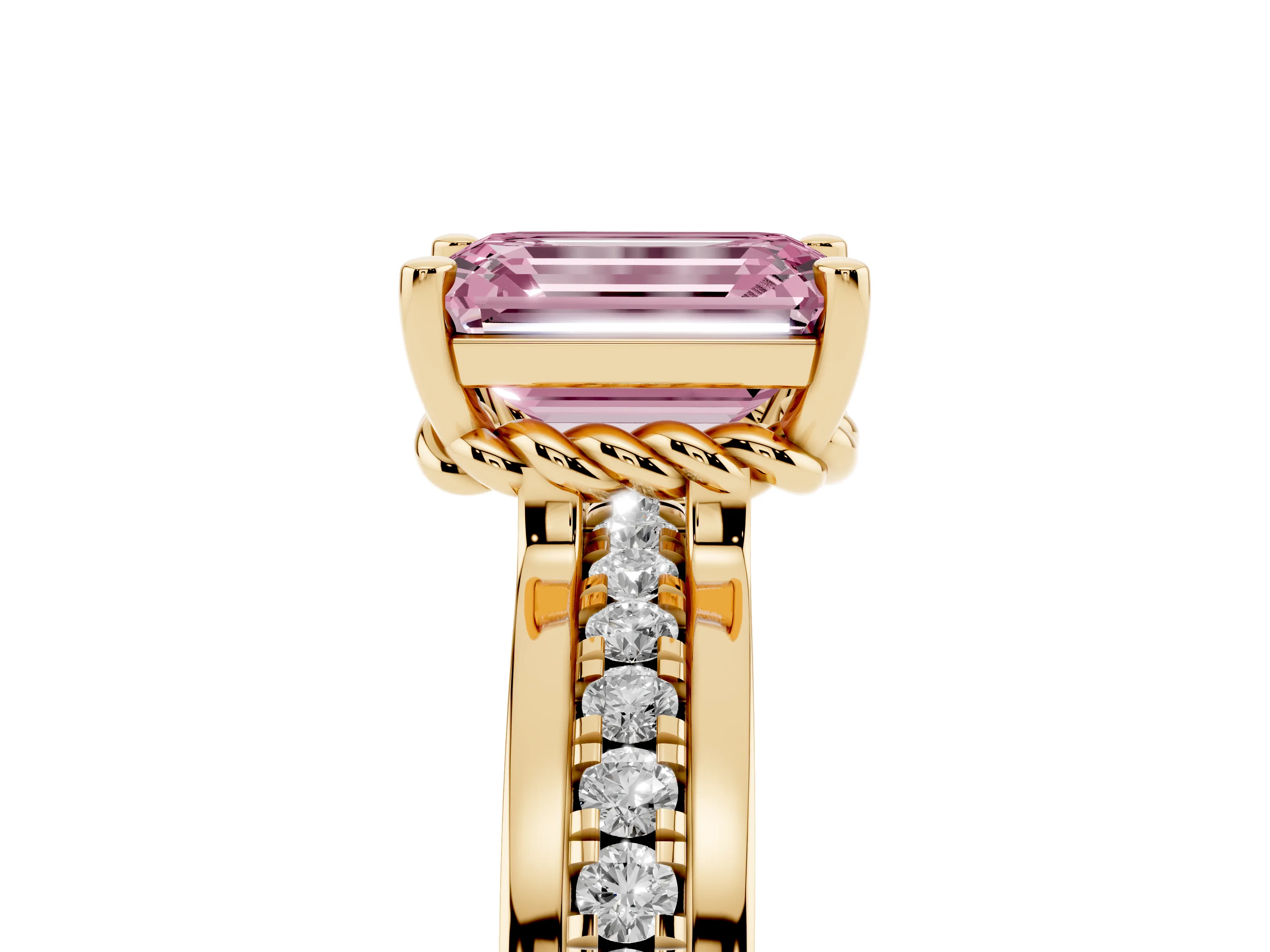 Fancy Pink Emerald Cut Diamond Solitaire Ring Set in Yellow gold with Channel Set Band and Prong Setting