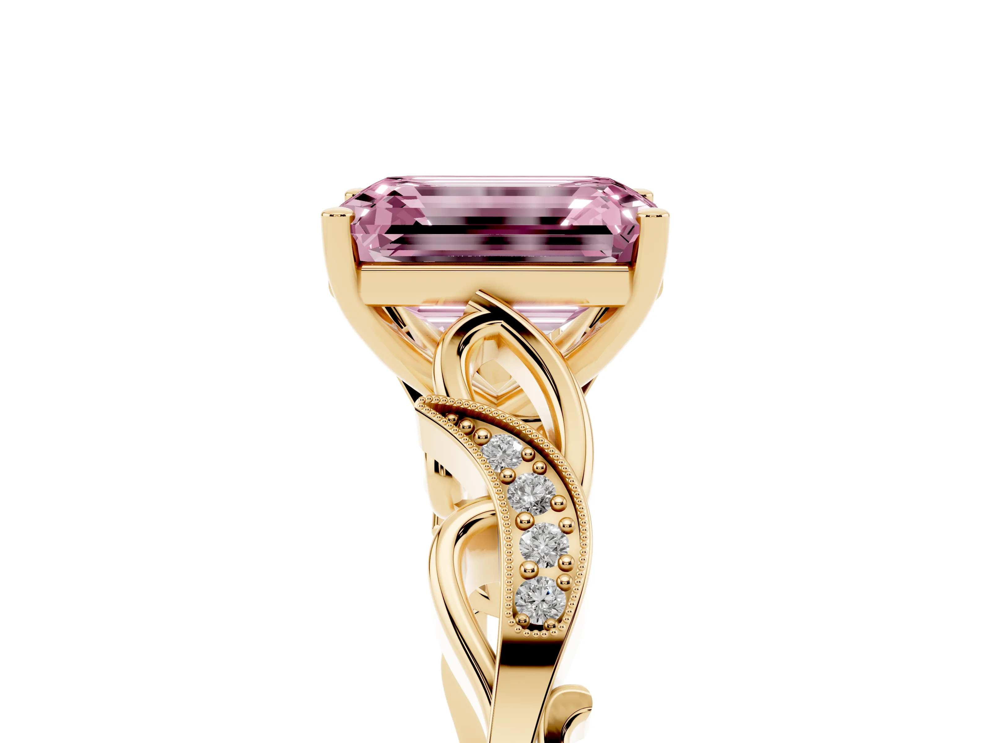 Fancy Pink Emerald Cut Diamond Vine Band Solitaire Ring Set in Yellow gold with Milgrain Prong Setting