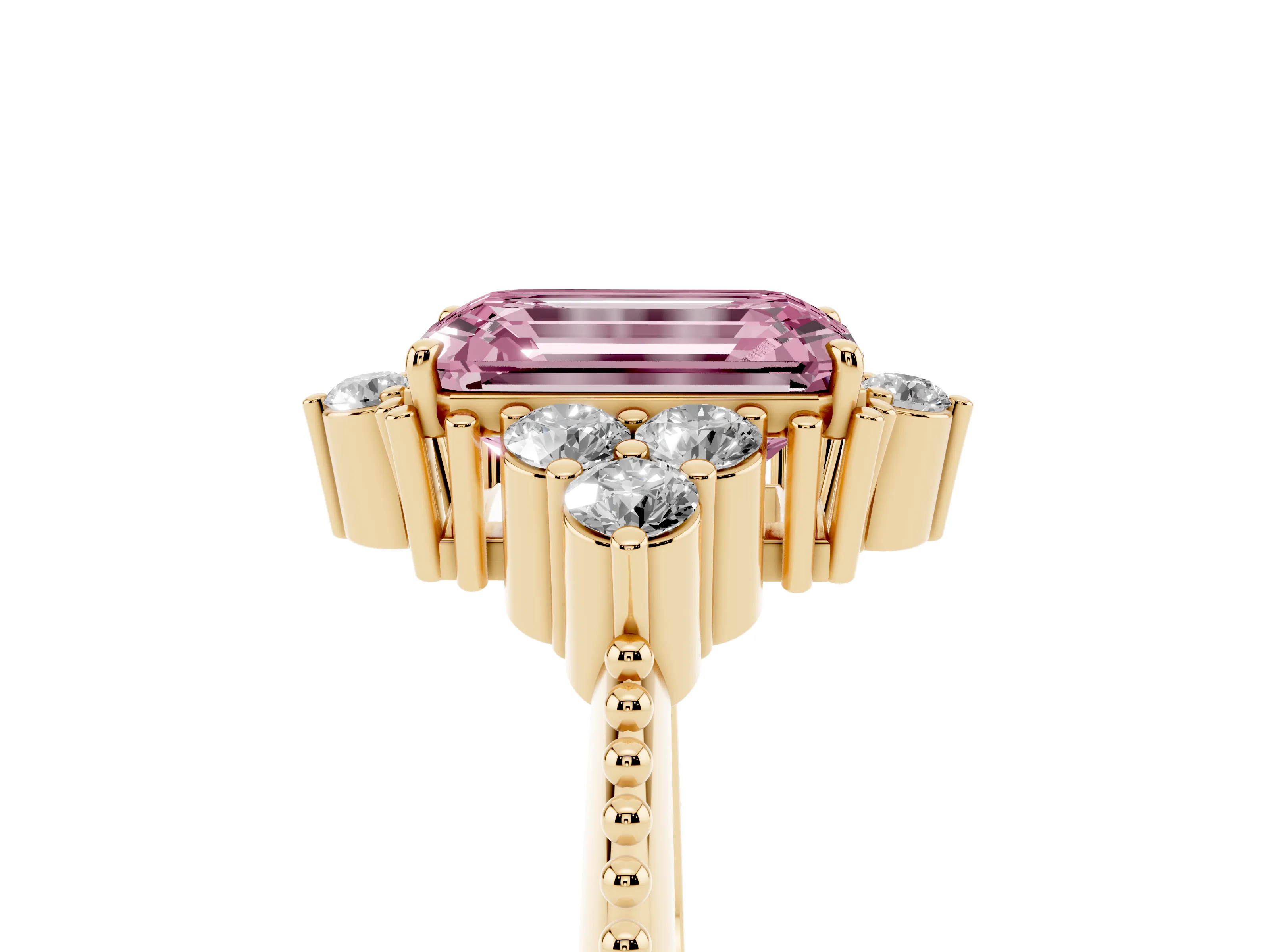 Fancy Pink Emerald Cut Diamond Cluster Ring Set in Yellow gold with Beaded Band