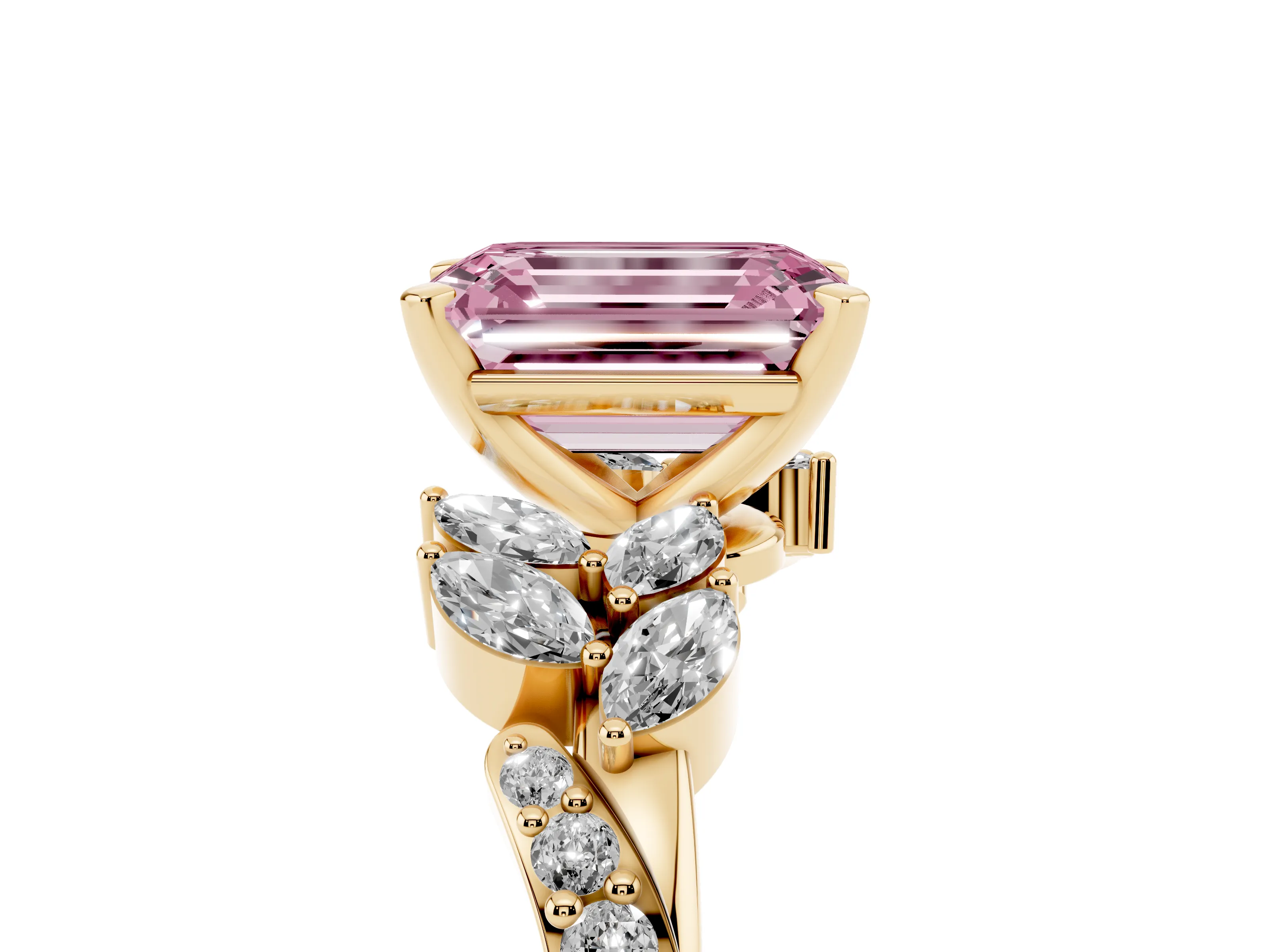 Fancy Pink Emerald Cut Diamond Solitaire Ring Set in Yellow gold with Marquise Twist Band and Prong Setting