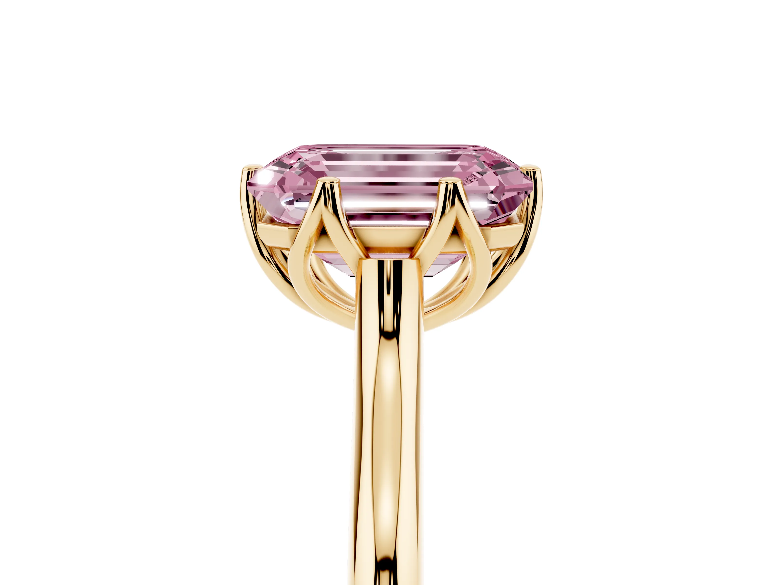 Fancy Pink Emerald Cut Diamond Solitaire Cathedral Ring Set in Yellow gold with Prong Setting