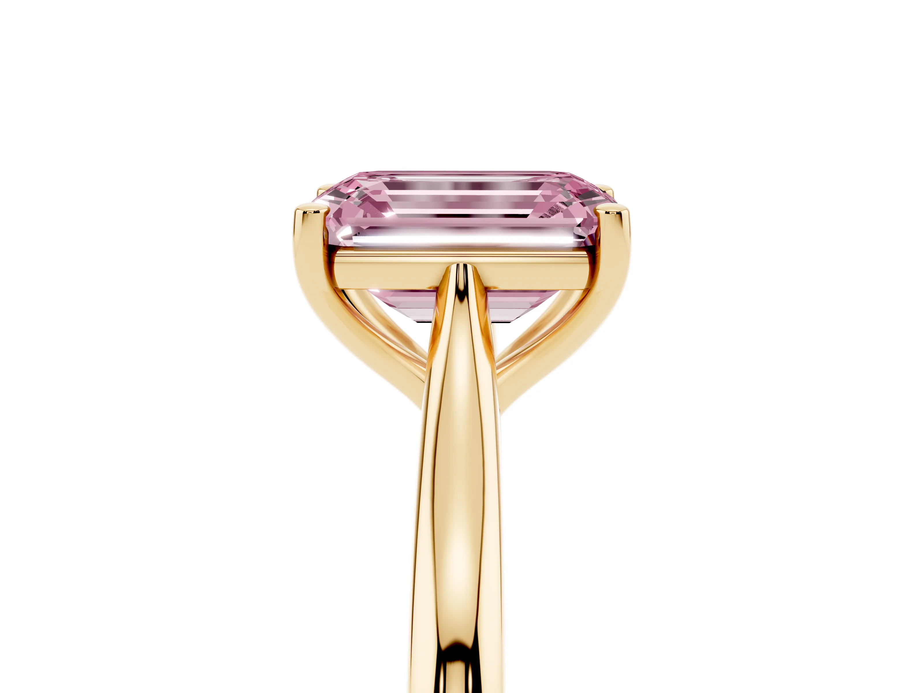Fancy Pink Emerald Cut Diamond Solitaire Ring Set in Yellow gold with Cathedral Band and Prong Setting