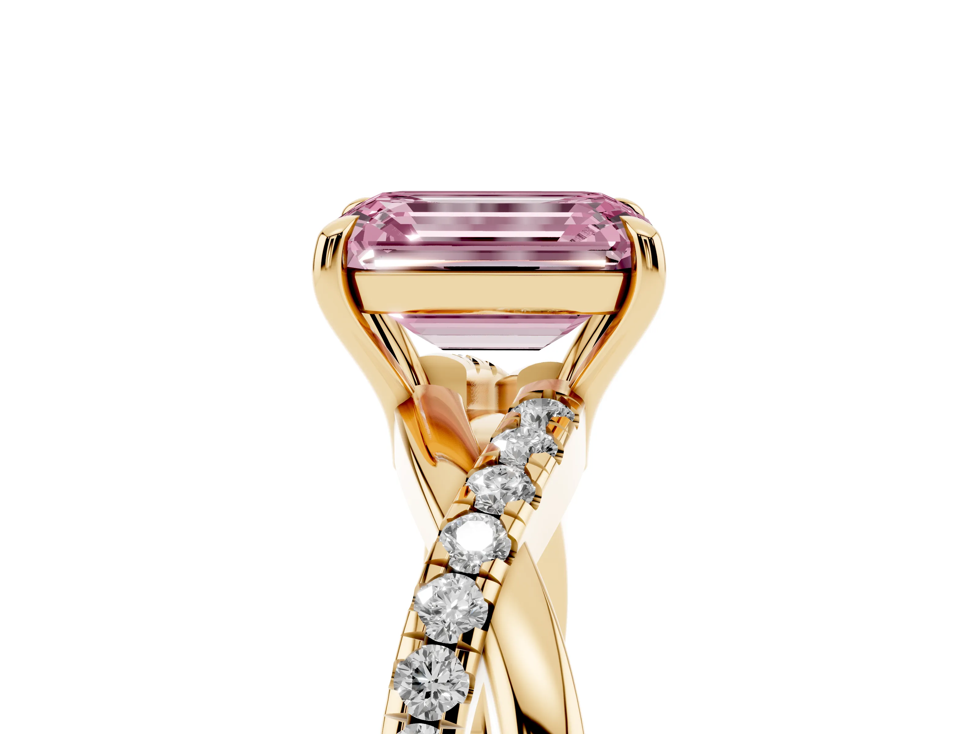 Fancy Pink Emerald Cut Diamond Twisted Pavé Band Ring Set in Yellow gold with Prong Setting