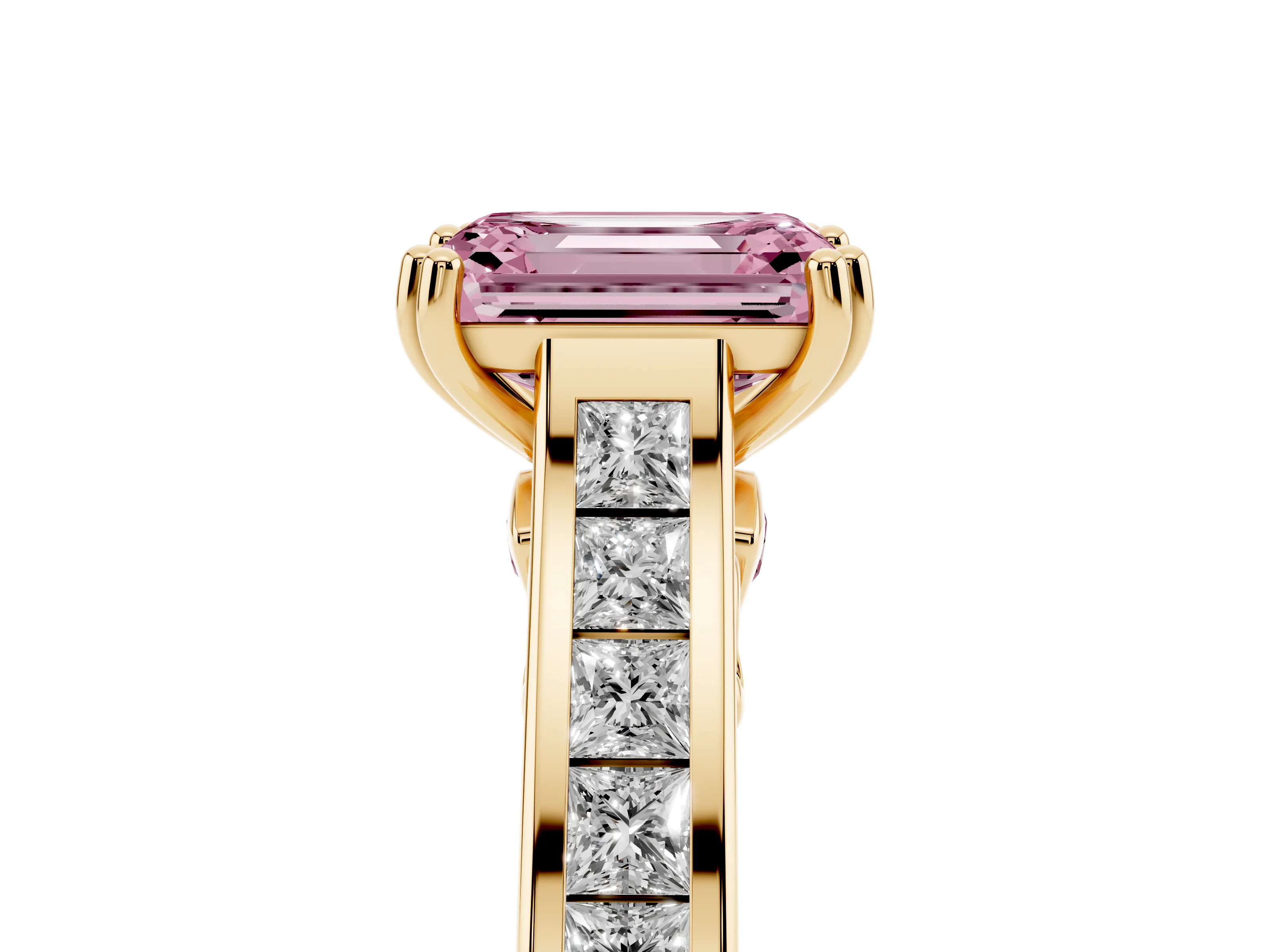 Fancy Pink Emerald Cut Diamond Channel Set Solitaire Engagement Ring Set in Yellow gold with Prong Setting