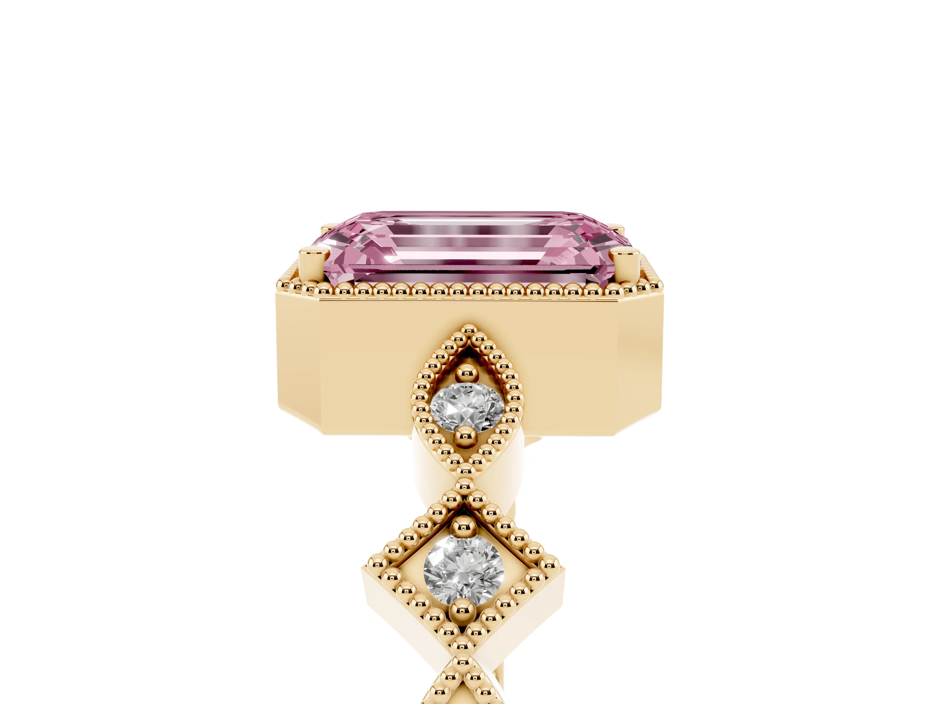 Fancy Pink Emerald Cut Diamond Milgrain Marquise Twist Band Ring Set in Yellow gold with Prong Setting