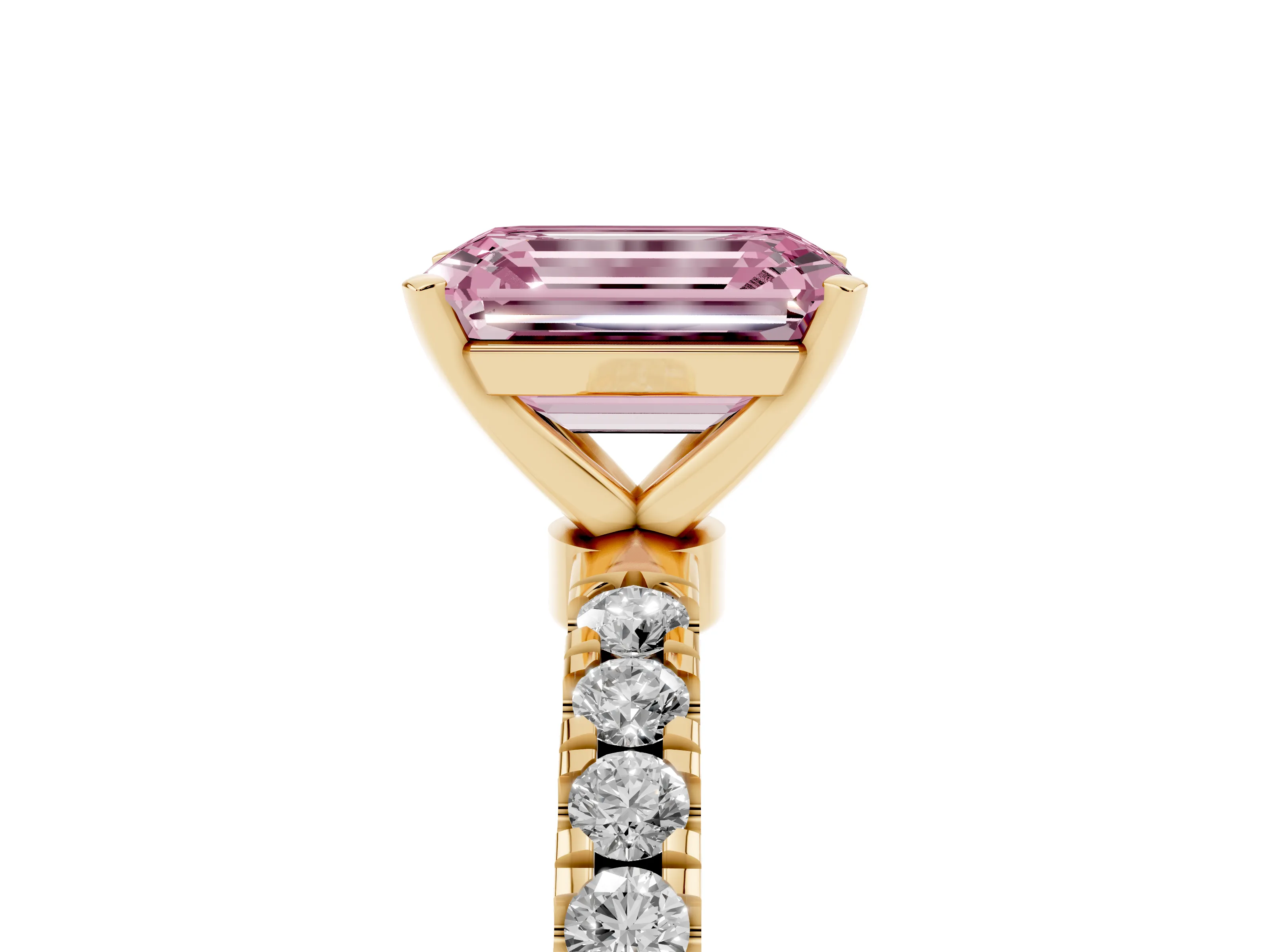 Fancy Pink Emerald Cut Diamond Solitaire Ring Set in Yellow gold with Pavé Accents and Prong Setting