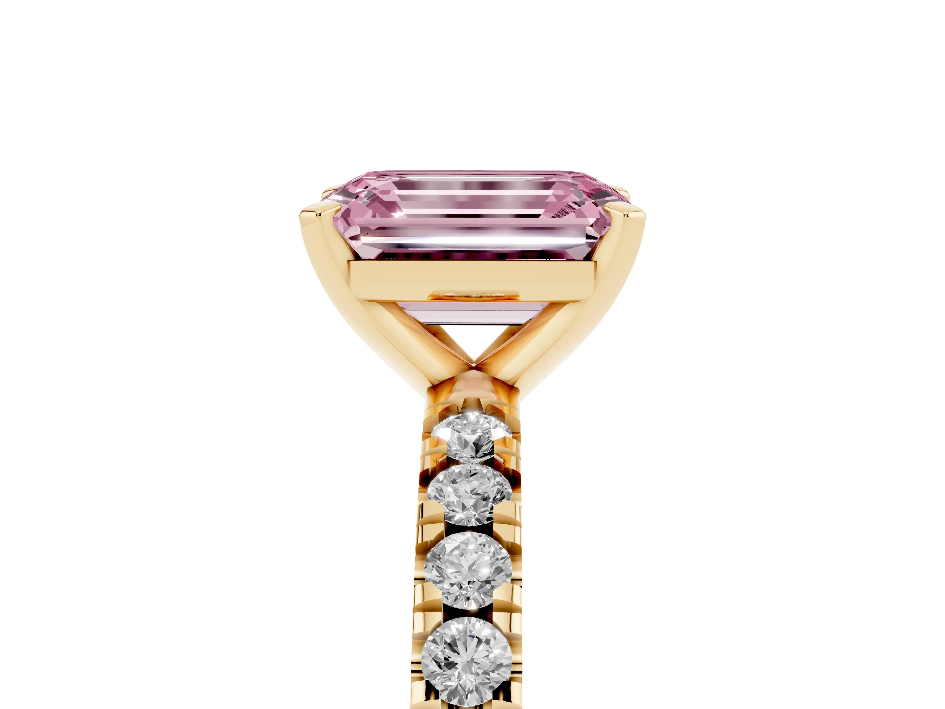 Fancy Pink Emerald Cut Diamond Pavé Band Solitaire Set in Yellow gold with Prong Setting