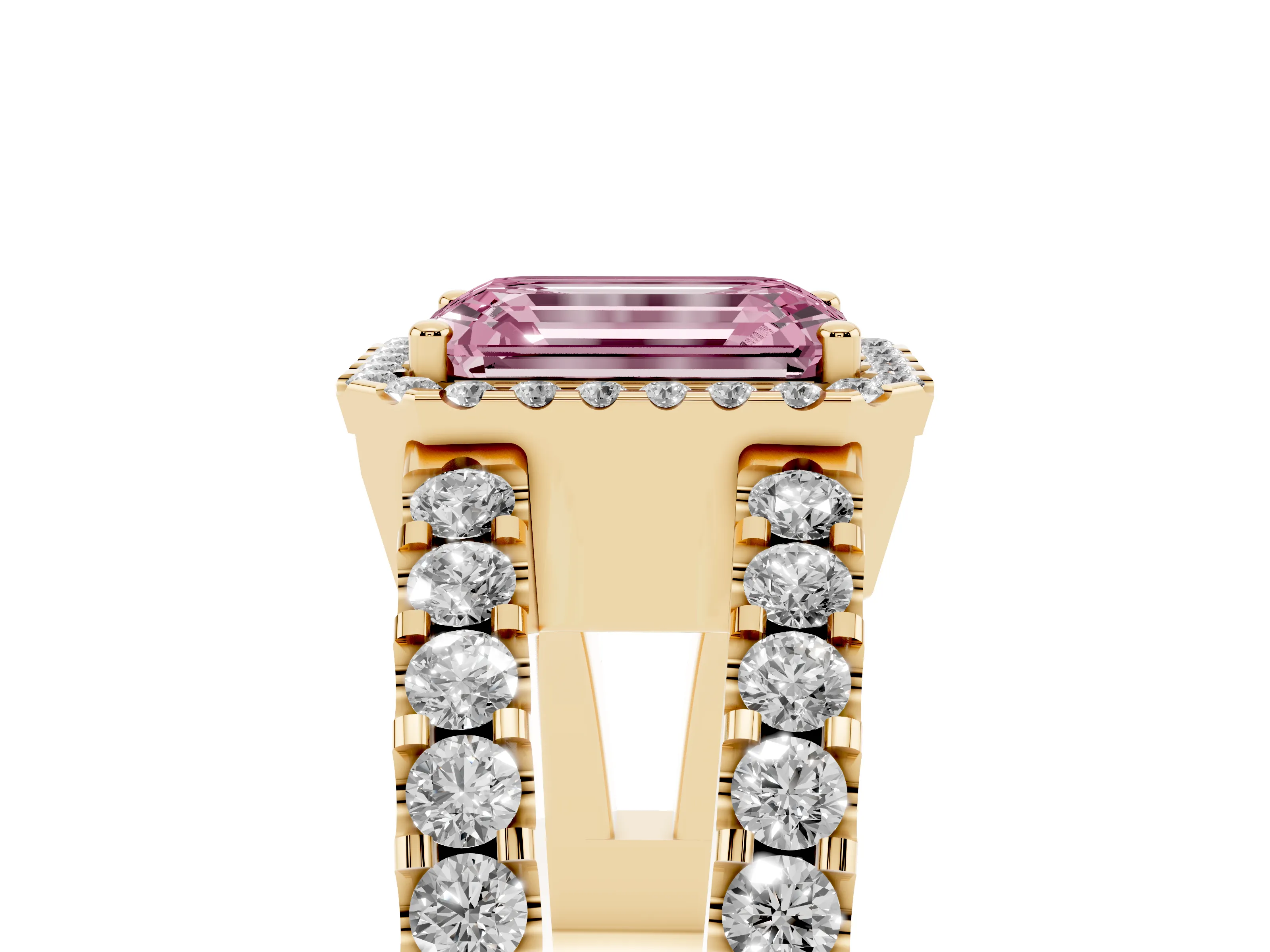 Fancy Pink Emerald Cut Diamond Halo Ring Set in Yellow gold with Pavé Split Shank and Prong Setting