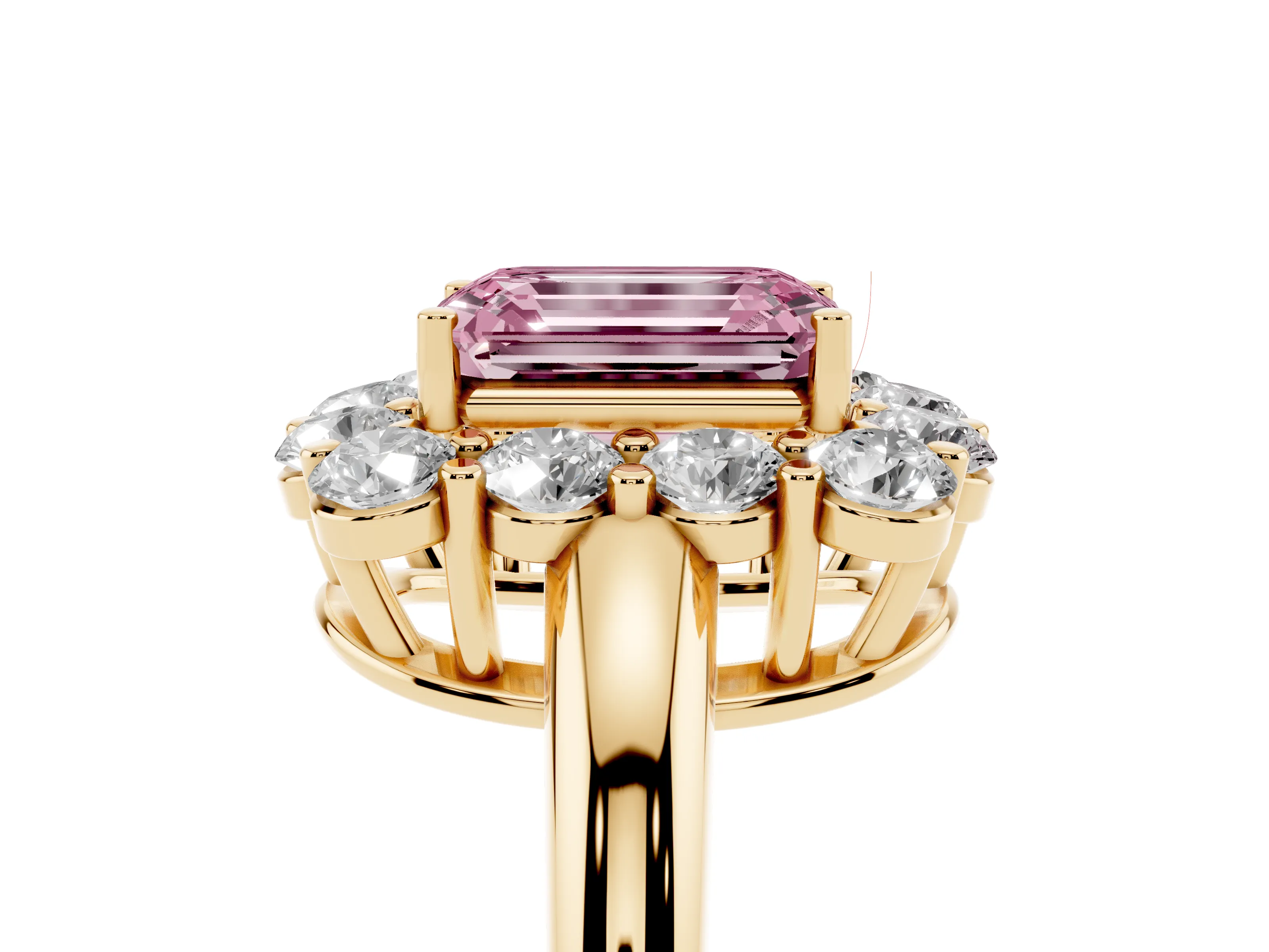 Fancy Pink Emerald Cut Diamond Halo Cluster Engagement Ring Set in Yellow gold with Polished Band and Prong Setting
