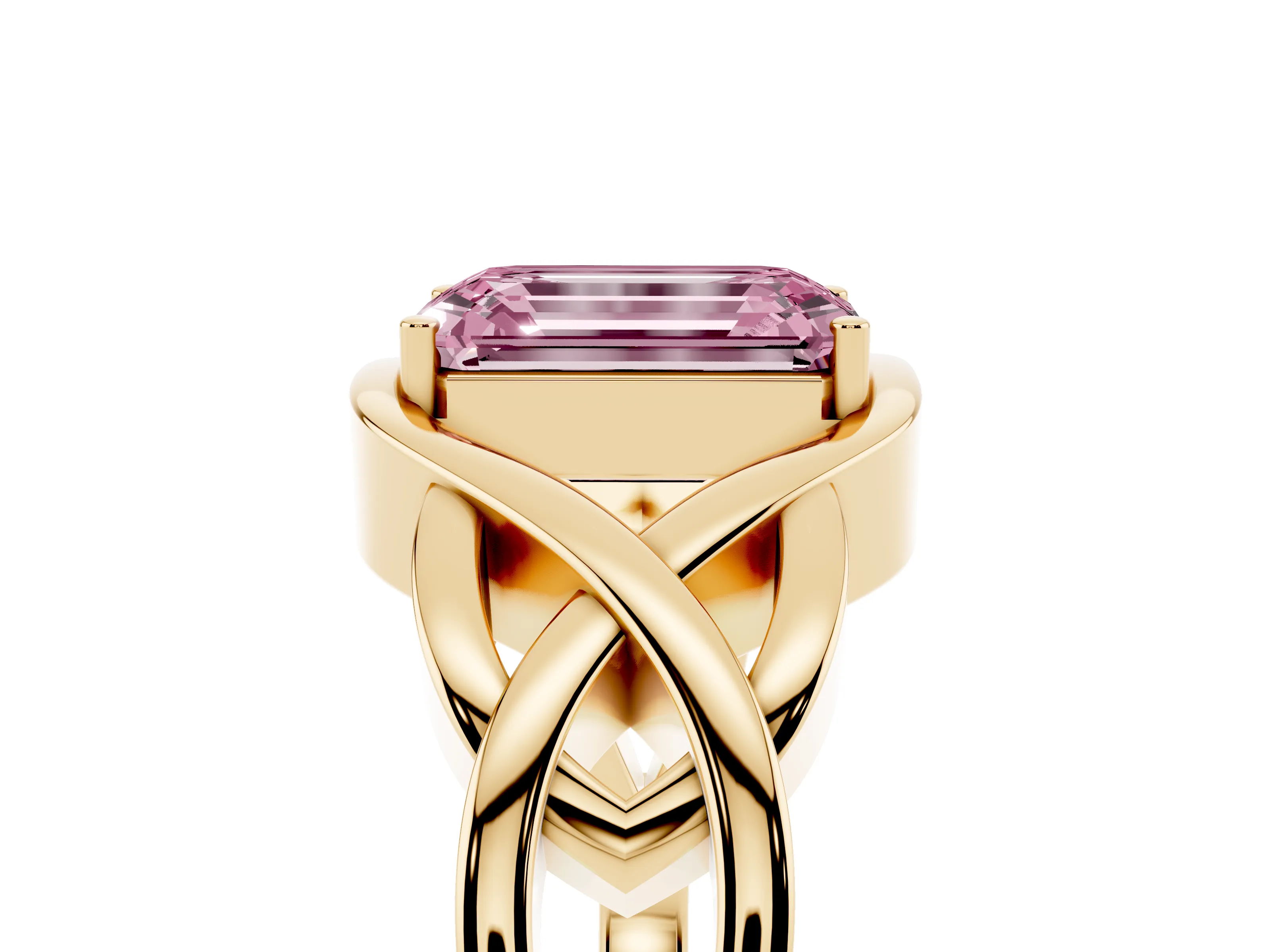 Fancy Pink Emerald Cut Diamond Solitaire Ring Set in Yellow gold with Intertwined Band