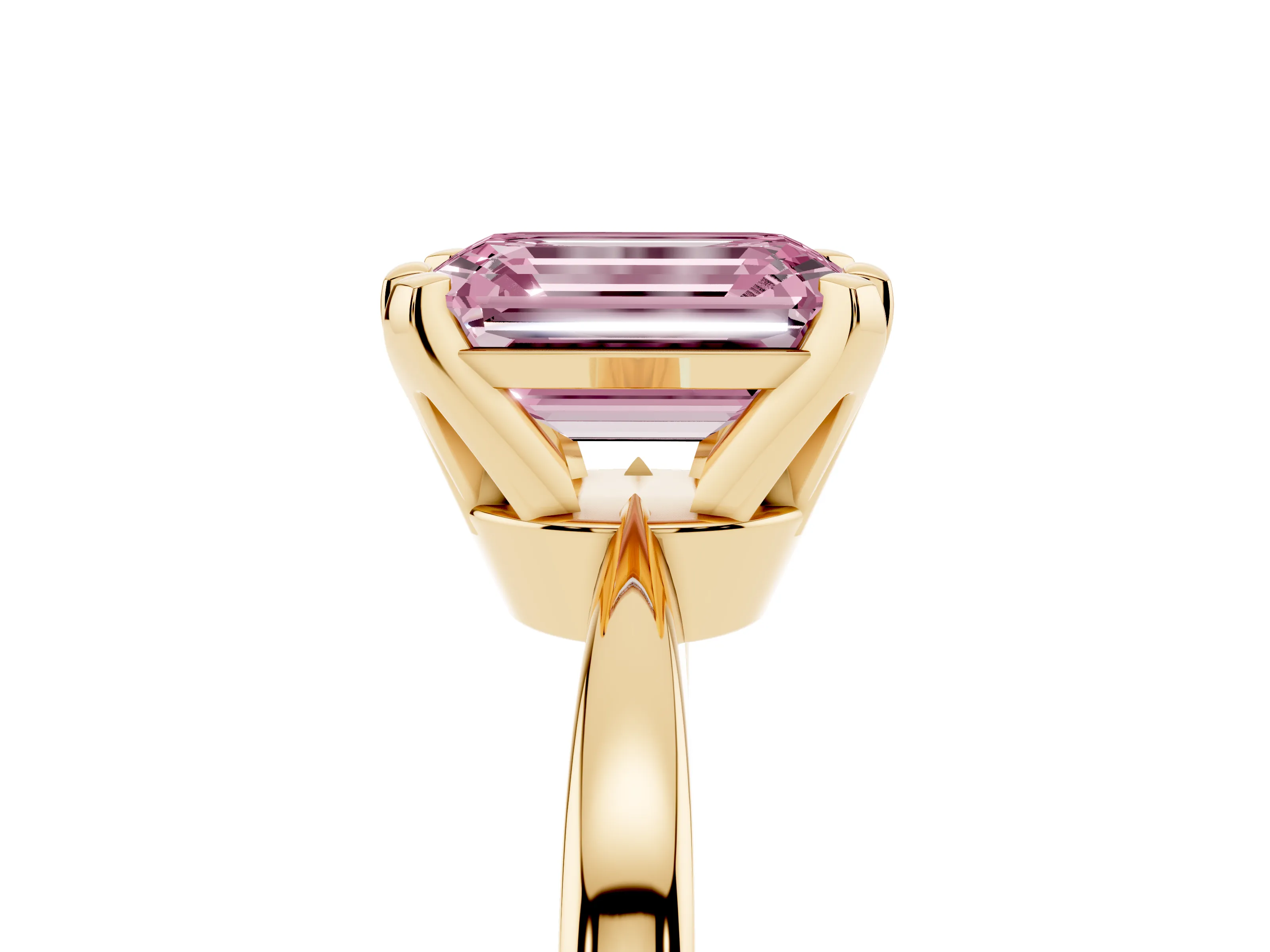 Fancy Pink Emerald Cut Diamond Solitaire Engagement Ring Set in Yellow gold with Slim Tapered Solitaire Band