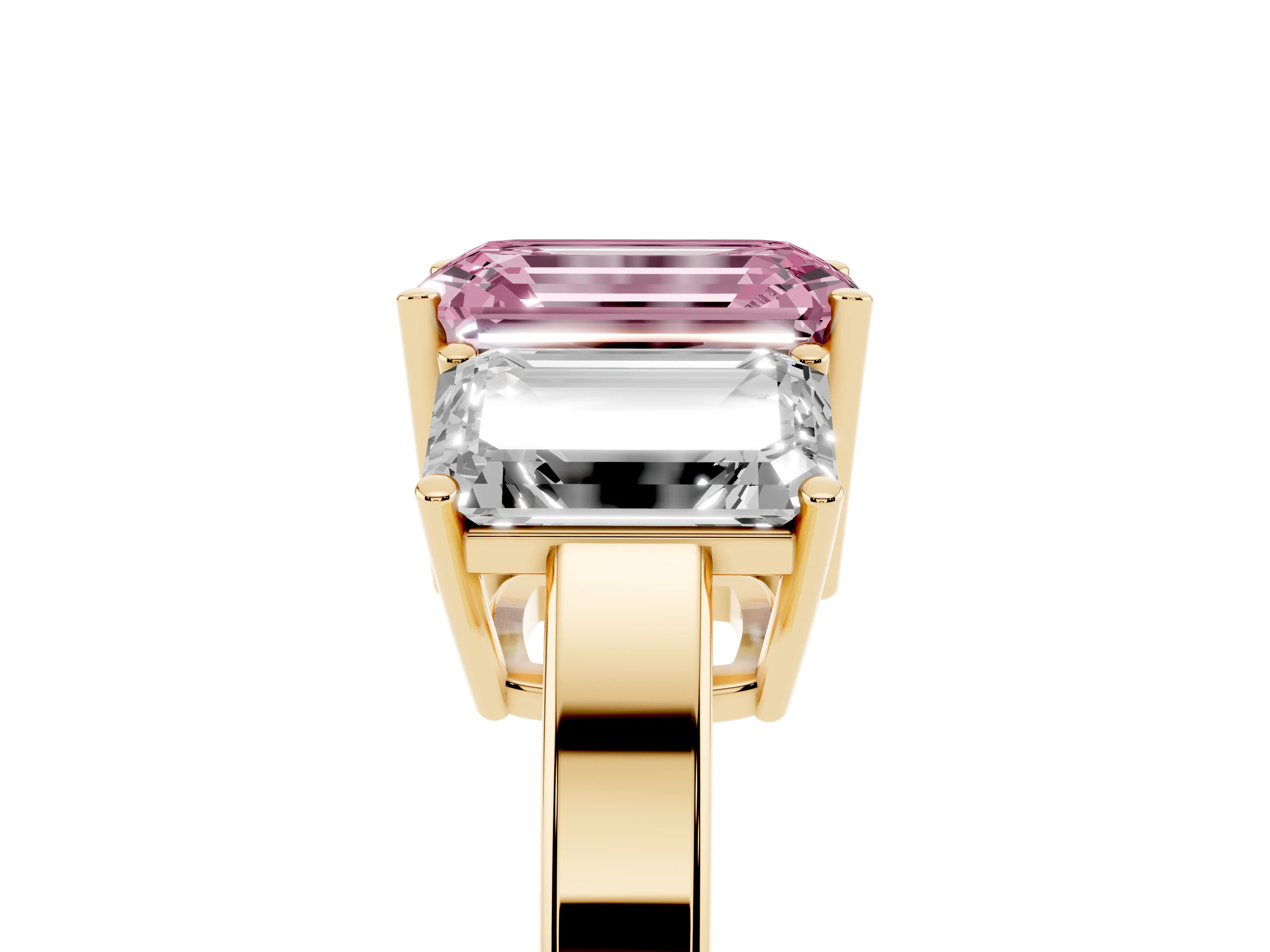 Fancy Pink Emerald Cut Diamond Three-Stone Engagement Ring Set in Yellow gold with Flat Band