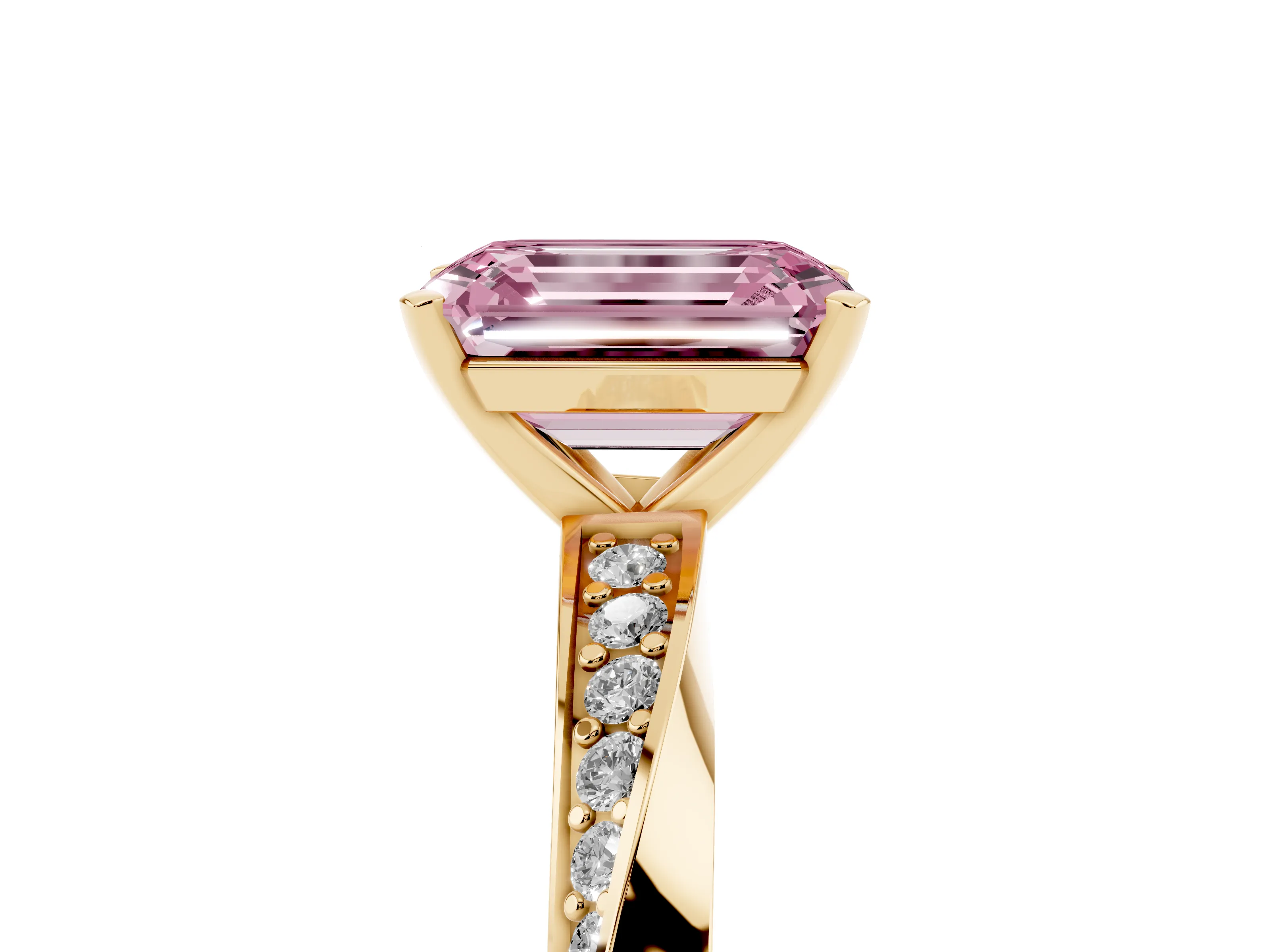 Fancy Pink Emerald Cut Diamond Engagement Ring Set in Yellow gold with Side Stone Accents and Prong Setting