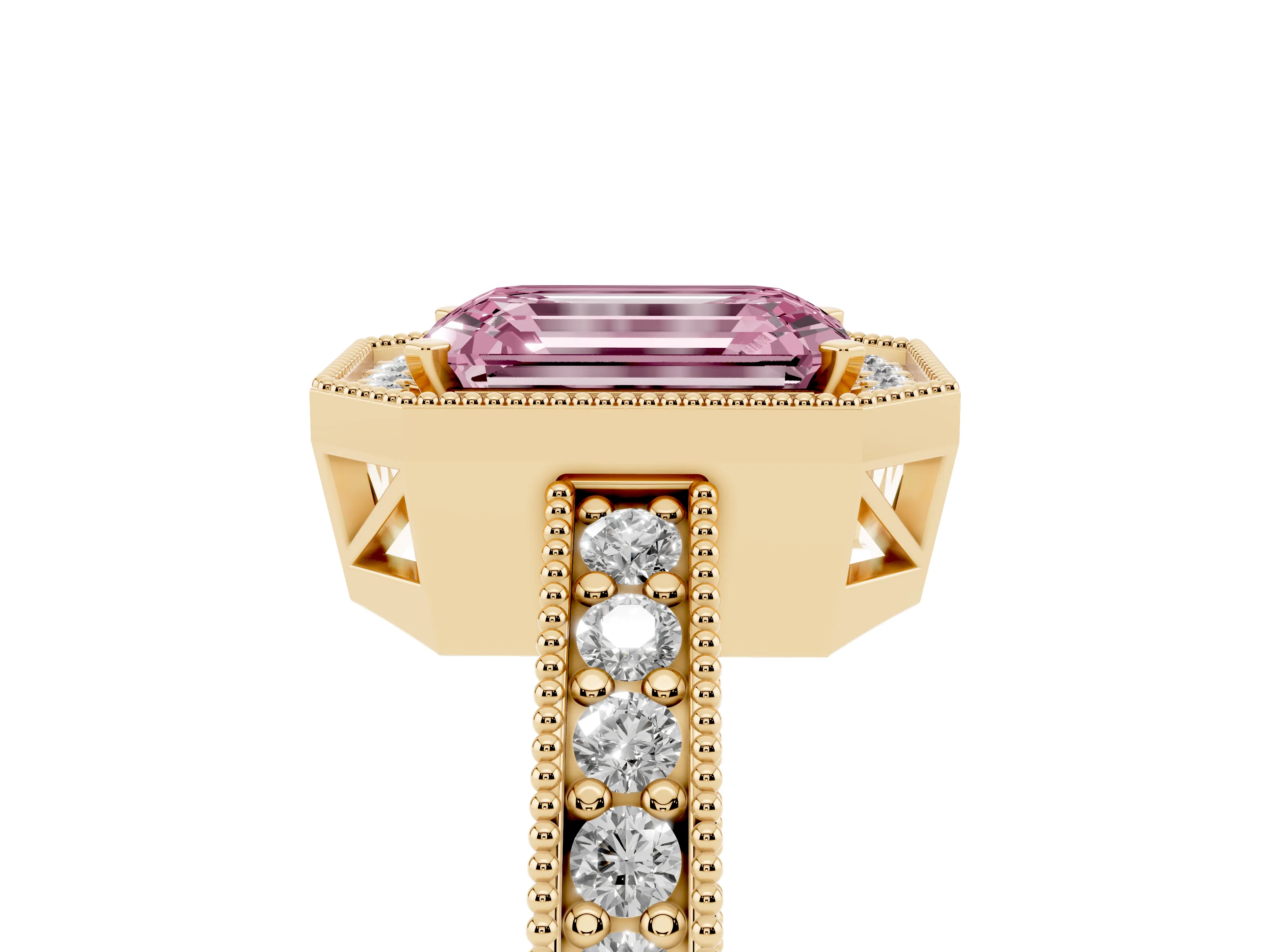 Fancy Pink Emerald Cut Diamond Halo Pavé Band Ring Set in Yellow gold with Prong-Set Center