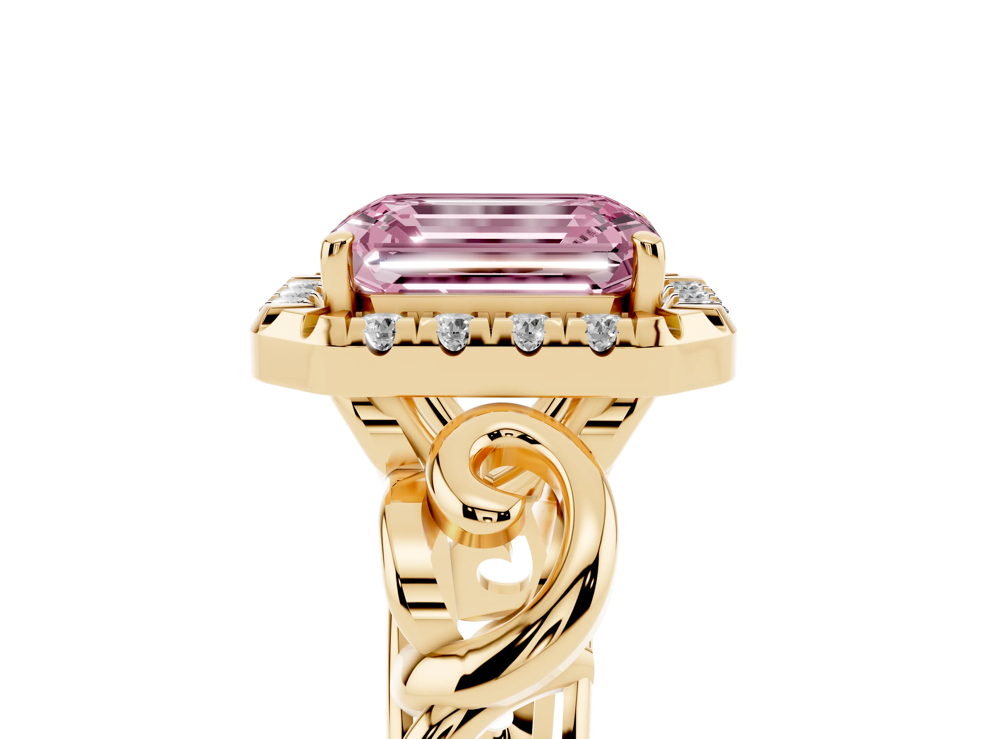 Fancy Pink Emerald Cut Diamond Halo Ring Set in Yellow gold with Scrollwork Band and Prong Setting