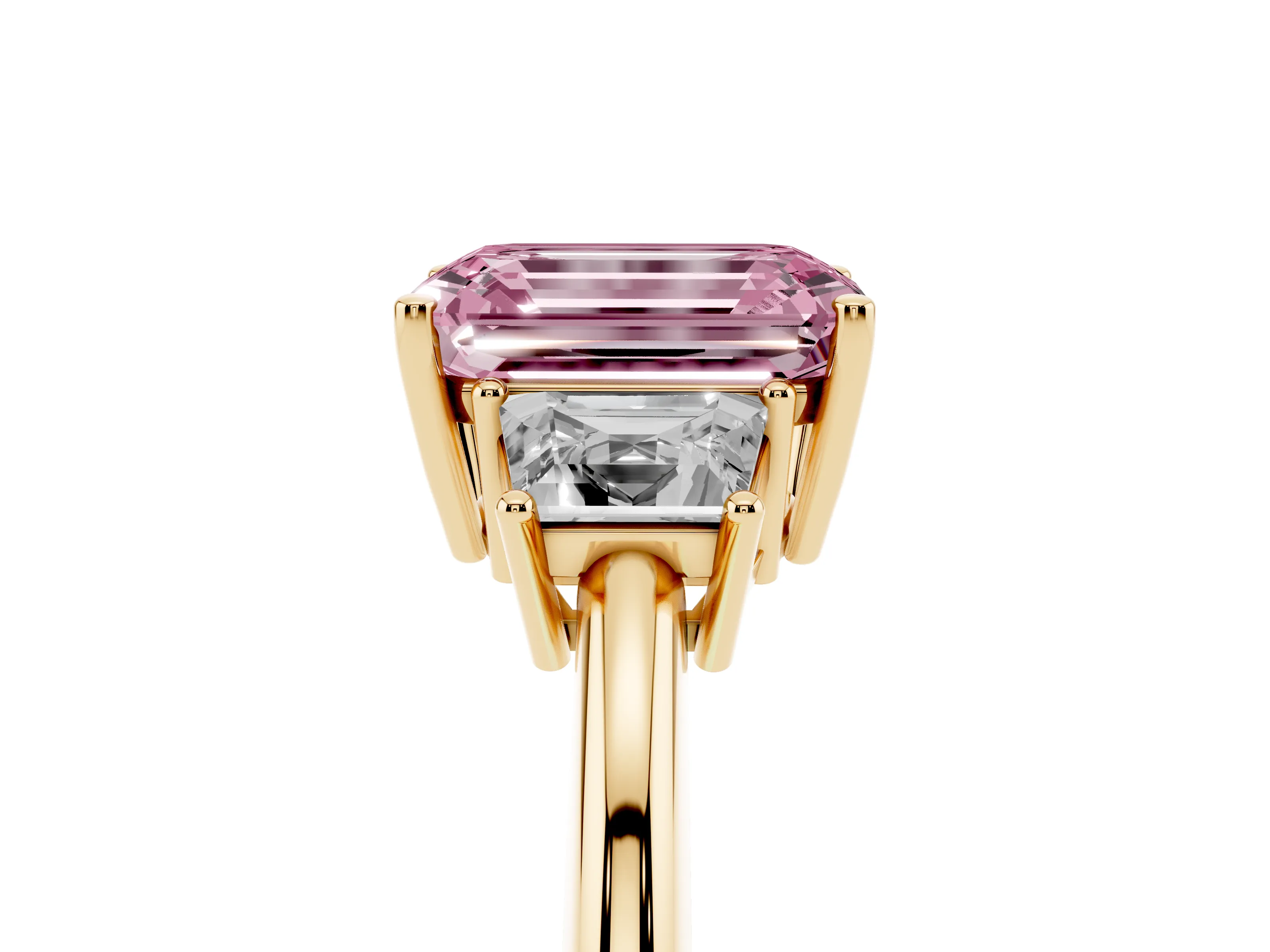 Fancy Pink Emerald Cut Diamond Three-Stone Ring Set in Yellow gold with Trapezoid Side Stones and Prong Setting