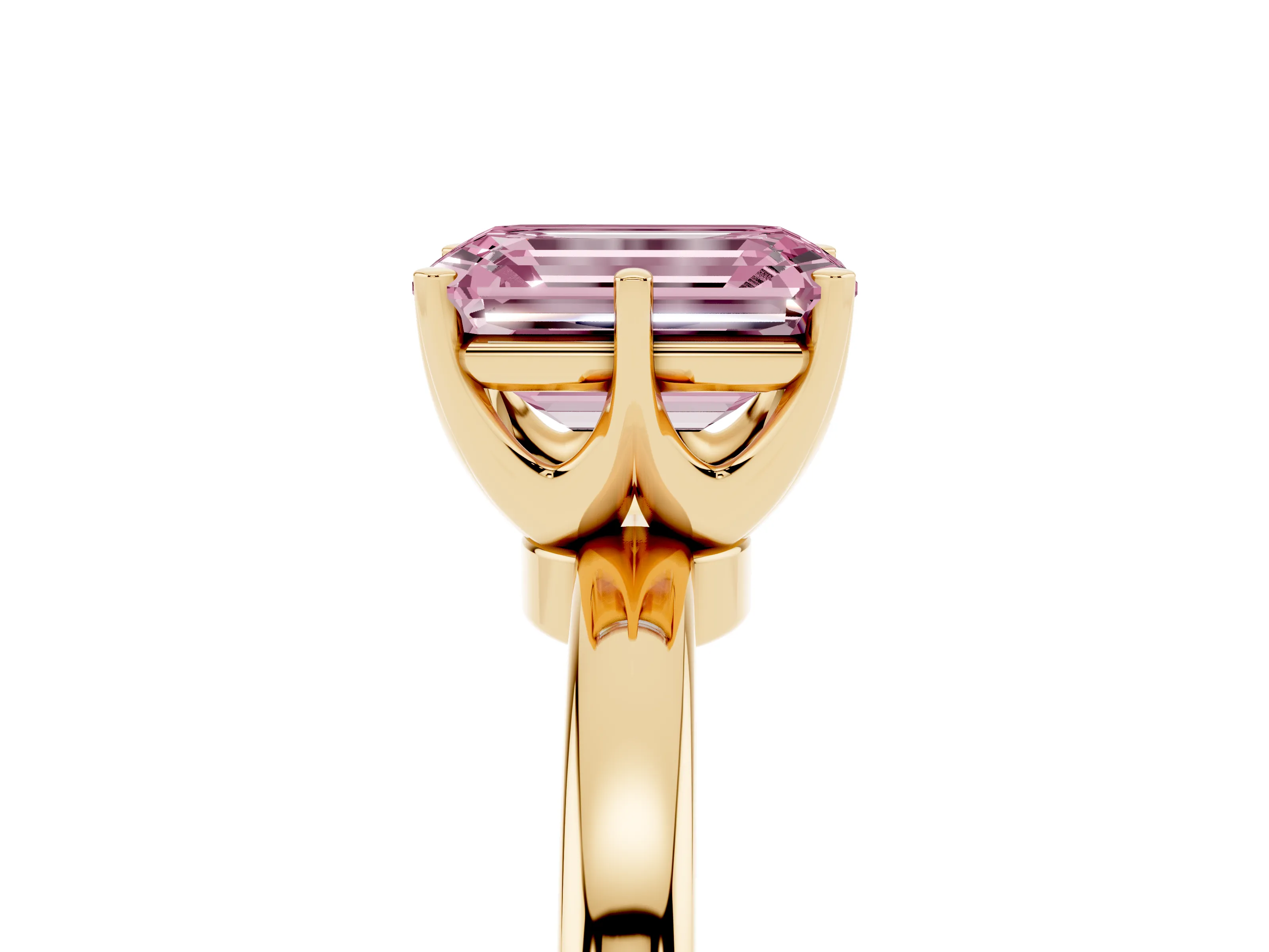 Fancy Pink Emerald Cut Diamond Solitaire Ring Set in Yellow gold with Raised Prong Setting on a Classic Band