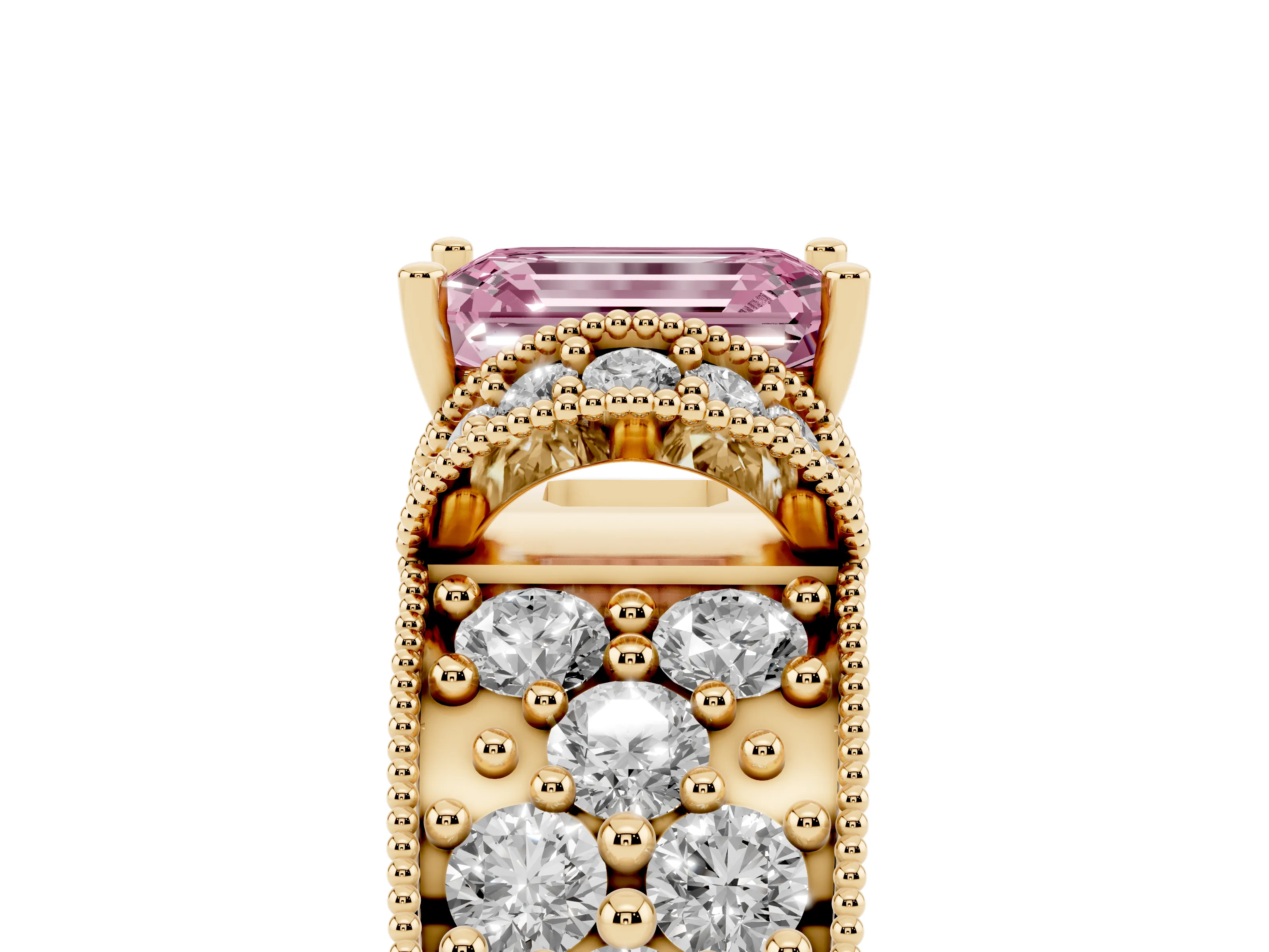 Fancy Pink Emerald Cut Diamond Milgrain Halo Pavé Engagement Ring Set in Yellow gold with Prong Setting