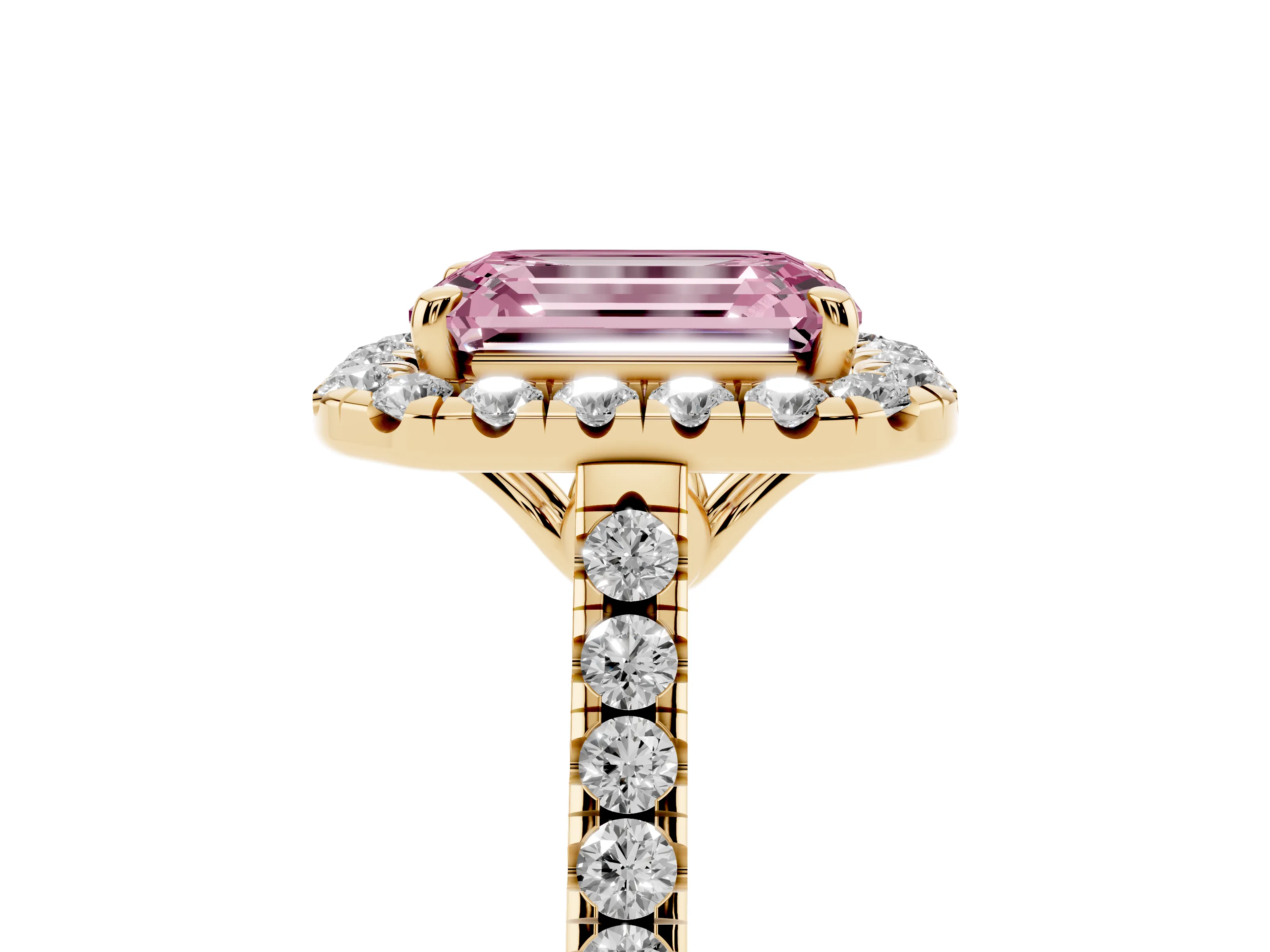 Fancy Pink Emerald Cut Diamond Pavé Halo Engagement Ring Set in Yellow gold with Pavé Band and Prong Setting